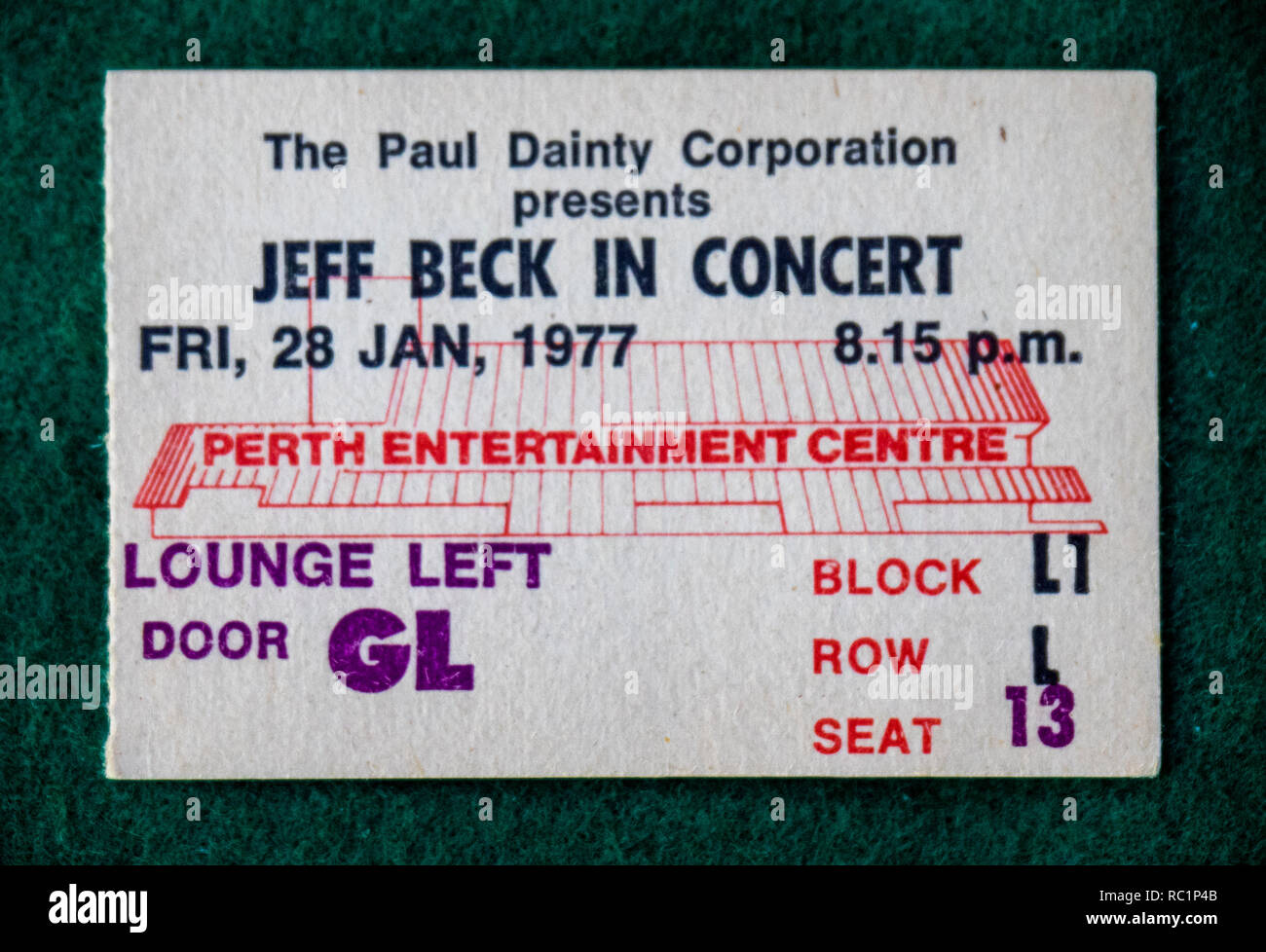 Ticket for Jeff Beck concert at Perth Entertainment Centre in 1977 WA Australia. Stock Photo