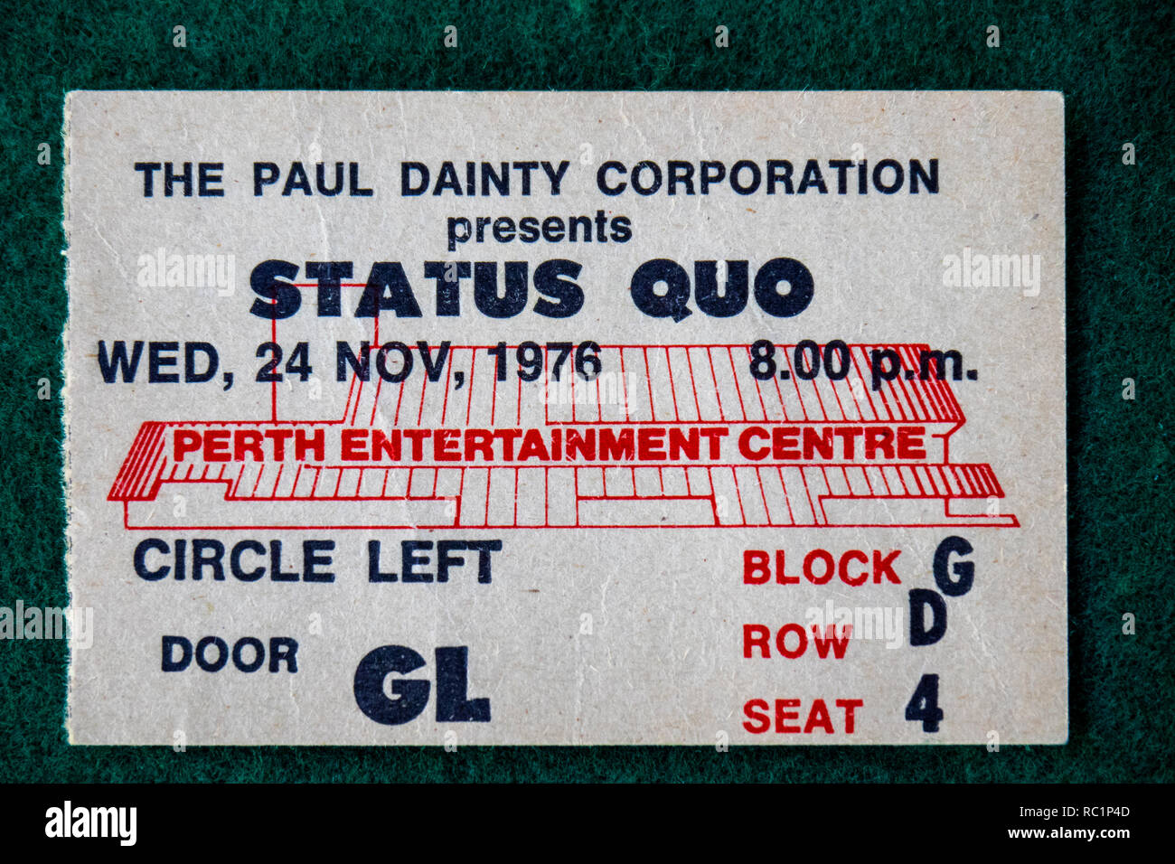 Ticket for Status Quo concert at Perth Entertainment Centre in 1976 WA Australia. Stock Photo