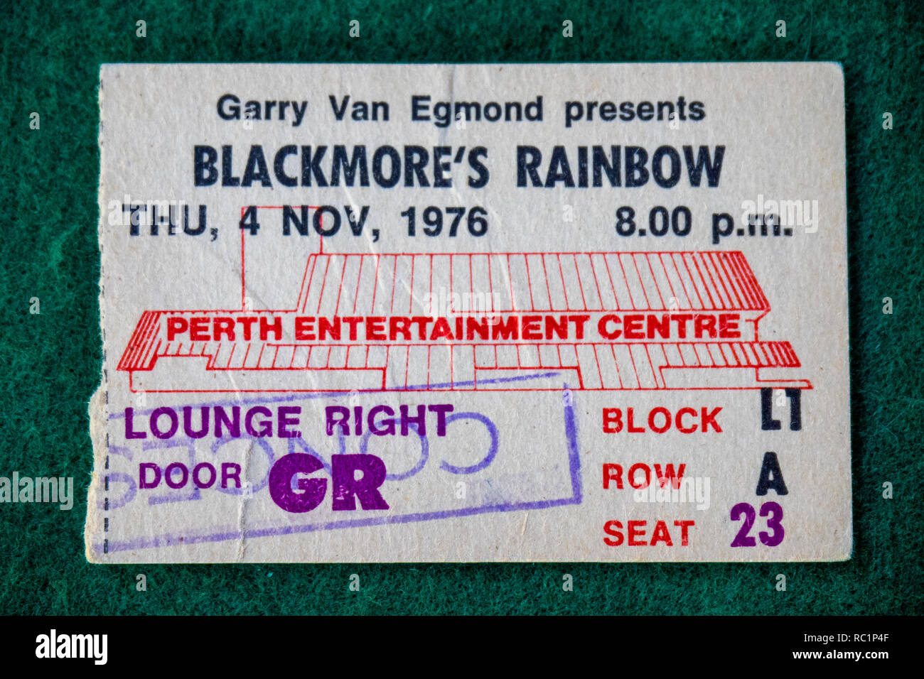 Ticket for Ritchie Blackmore's Rainbow concert at Perth Entertainment Centre in 1976 WA Australia. Stock Photo