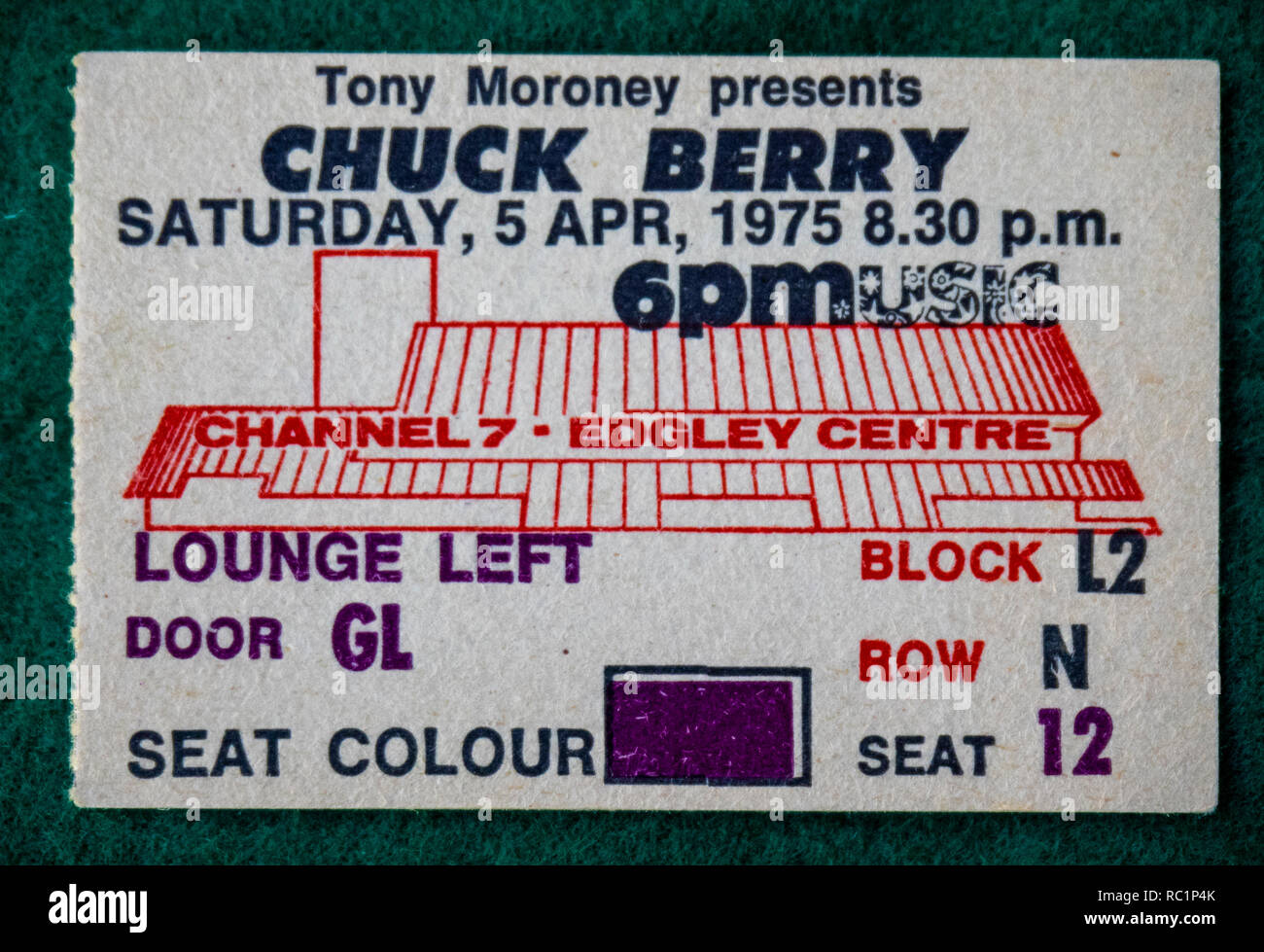 Ticket for Chuck Berry concert at Perth Entertainment Centre in 1975 WA Australia. Stock Photo