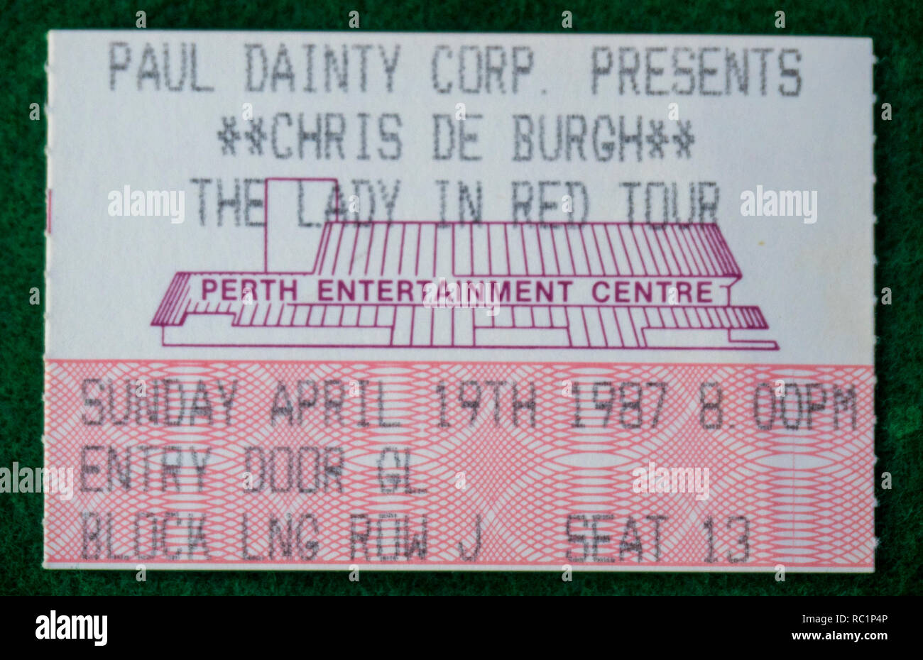 Ticket for Chris De Burgh concert at Perth Entertainment Centre in 1987 WA Australia. Stock Photo