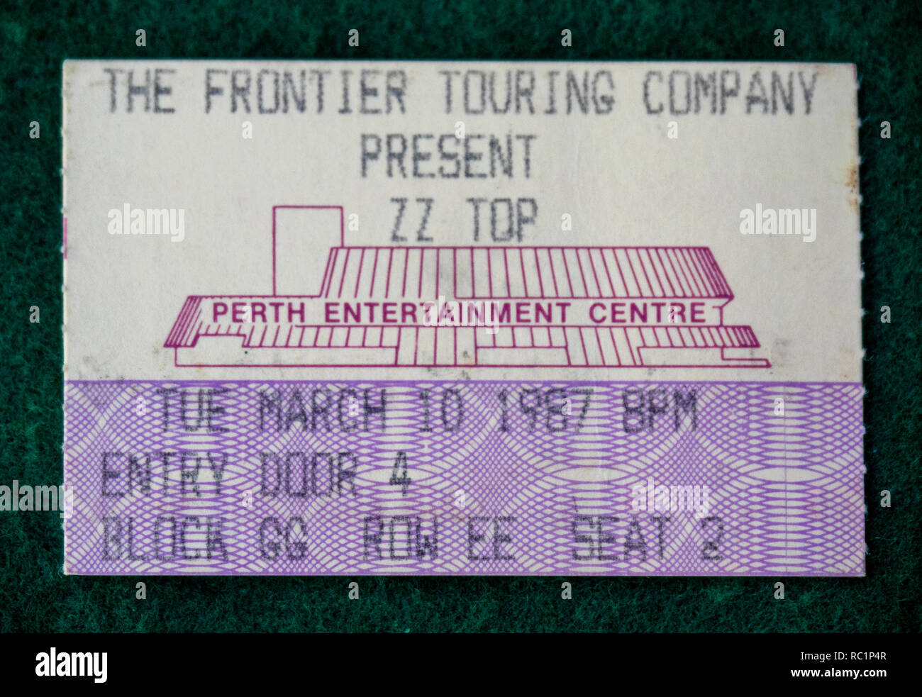 Ticket for ZZ Top concert at Perth Entertainment Centre in 1987 WA Australia. Stock Photo