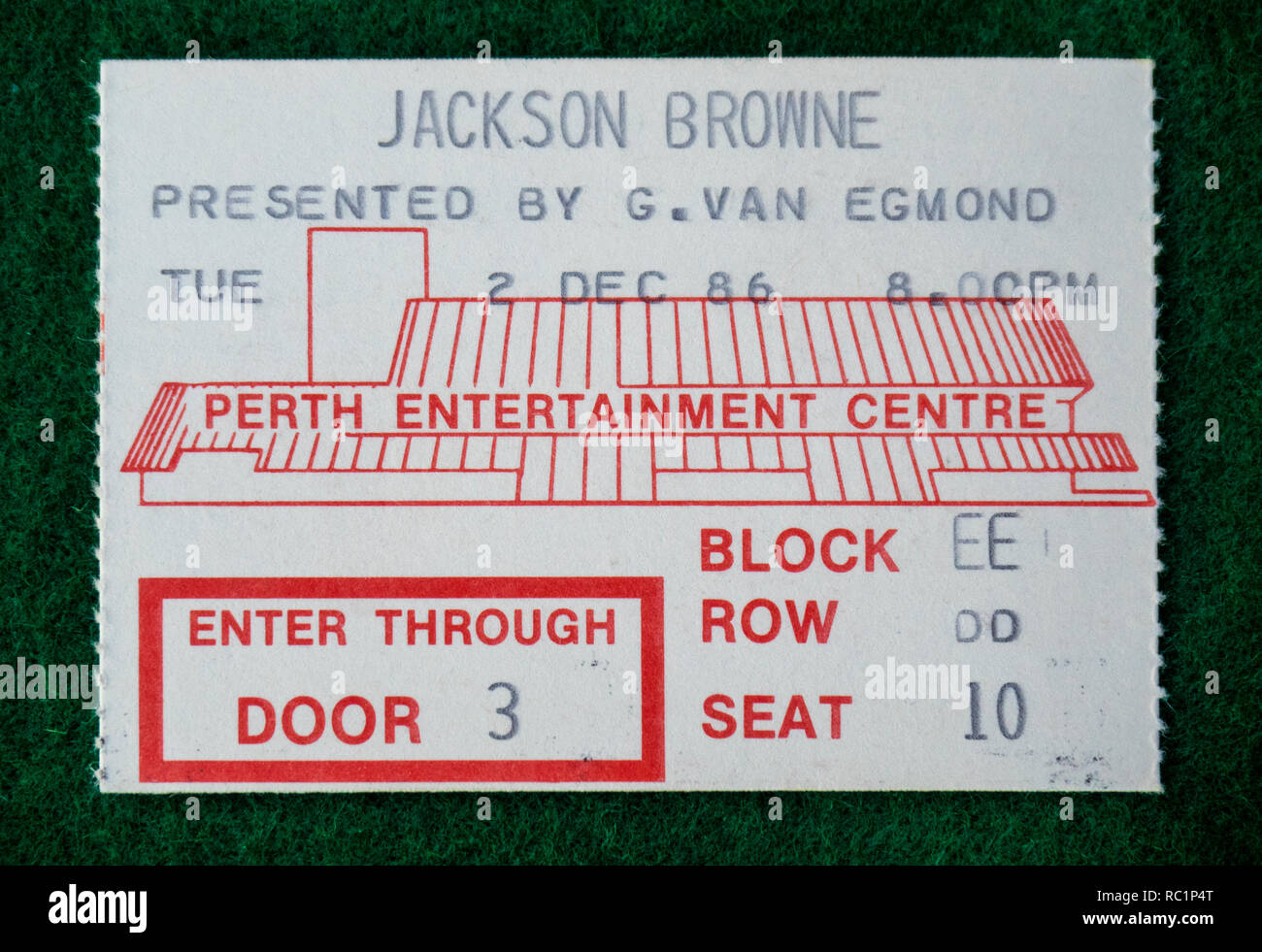 Ticket for Jackson Browne concert at Perth Entertainment Centre in 1986 WA Australia. Stock Photo