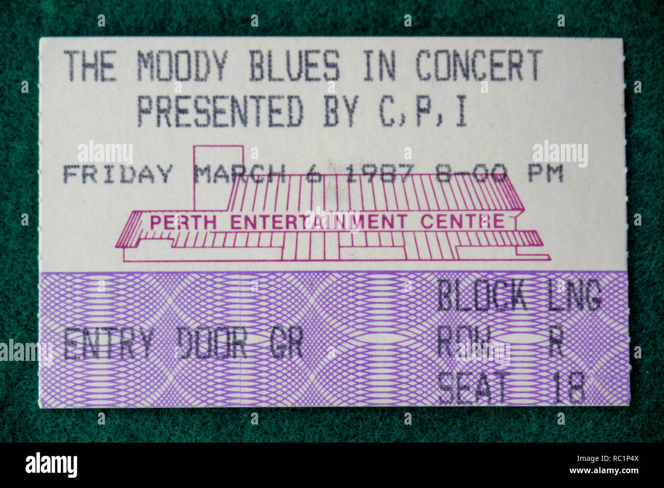 Ticket for The Moody Blues concert at Perth Entertainment Centre in 1987 WA Australia. Stock Photo