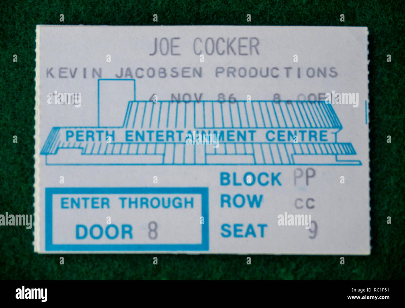 Ticket for Joe Cocker concert at Perth Entertainment Centre in 1986 WA Australia. Stock Photo