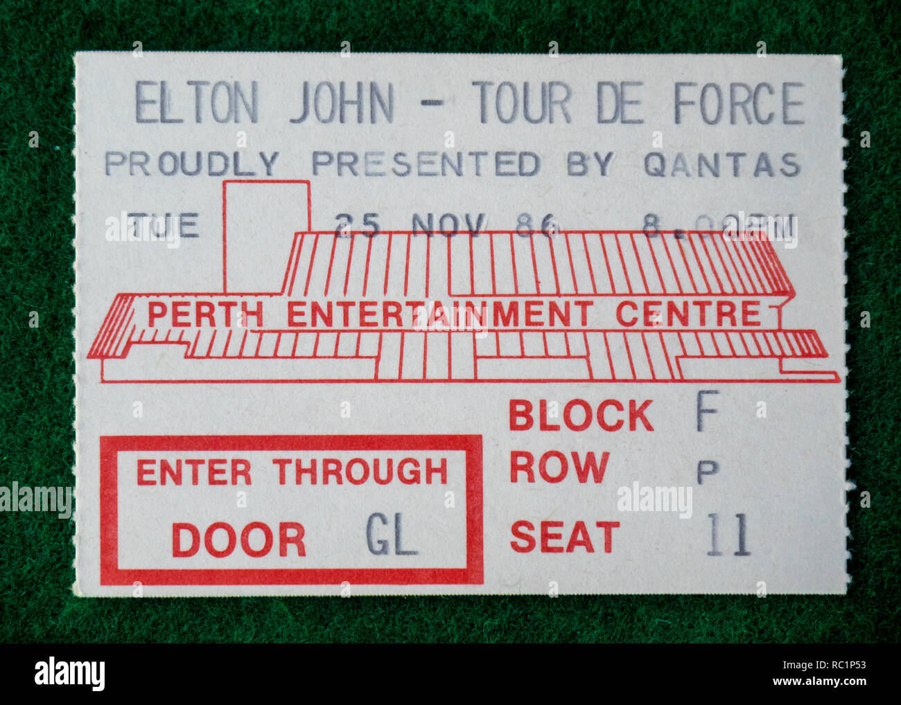 Ticket for Elton John concert at Perth Entertainment Centre in 1986 WA Australia. Stock Photo