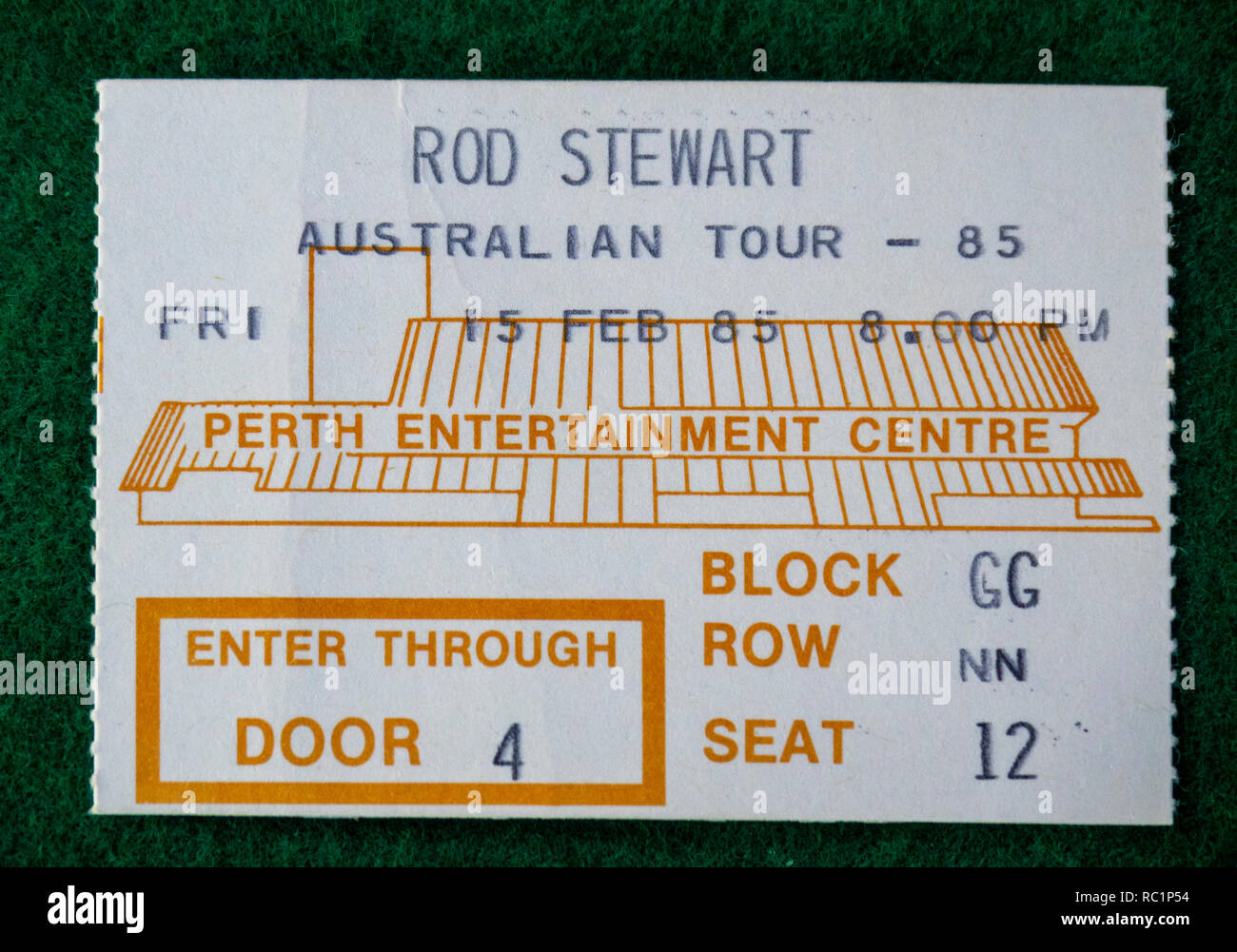 Ticket for Rod Stewart concert at Perth Entertainment Centre in 1985 WA Australia. Stock Photo