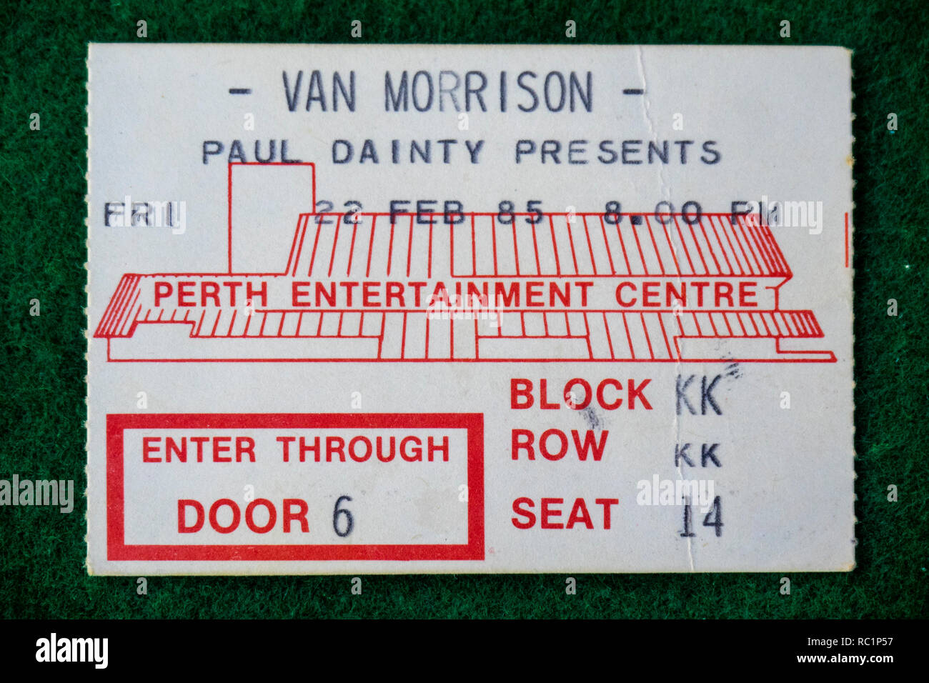Ticket for Van Morrison concert at Perth Entertainment Centre in 1985 WA Australia. Stock Photo