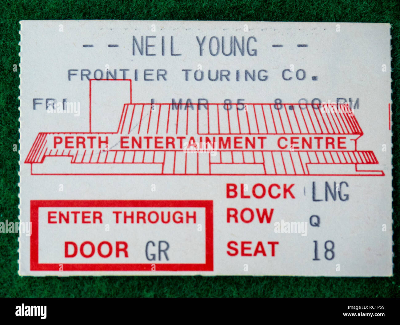 Ticket for Neil Young concert at Perth Entertainment Centre in 1985 WA Australia. Stock Photo