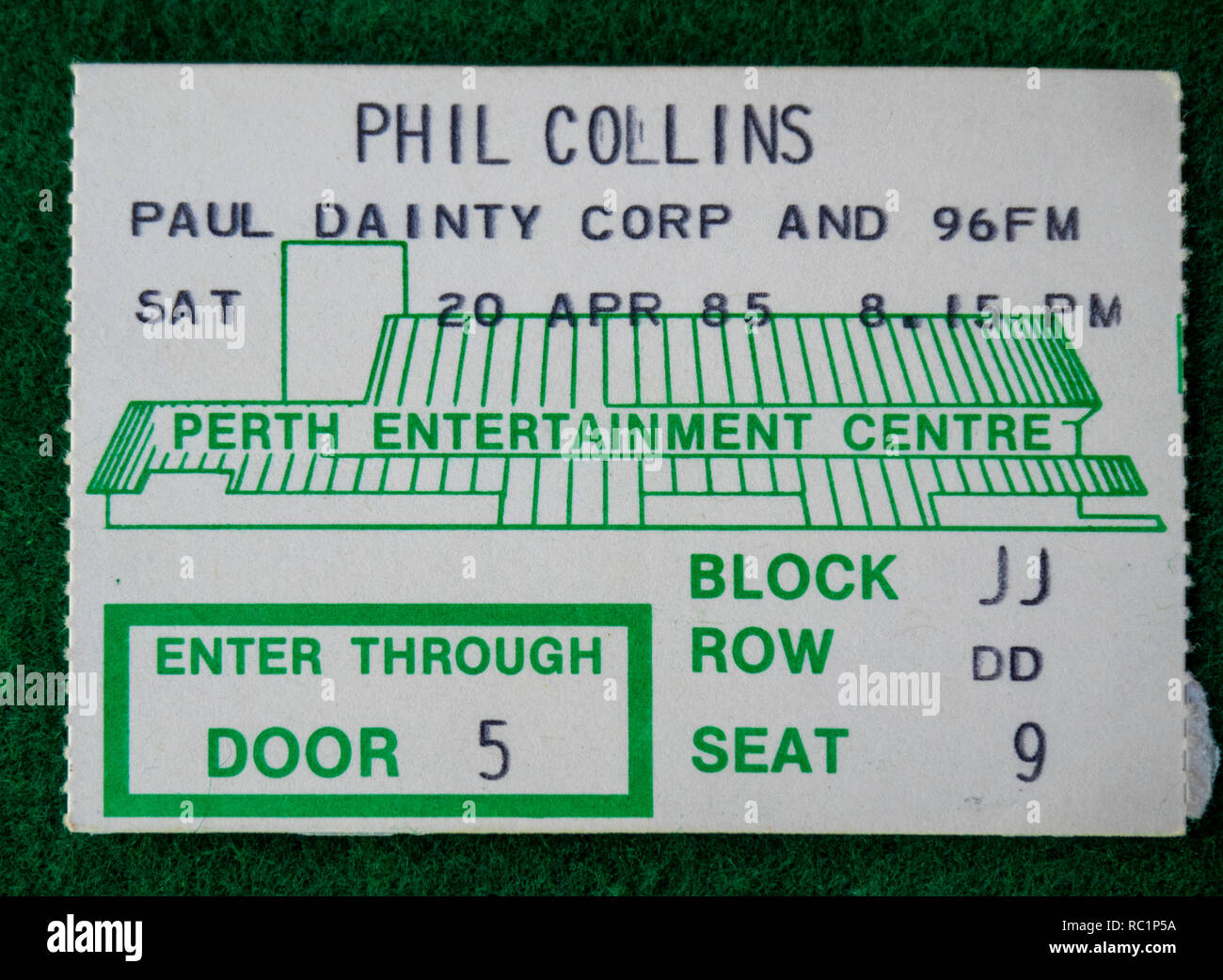 Ticket for Phil Collins concert at Perth Entertainment Centre in 1985 WA Australia. Stock Photo