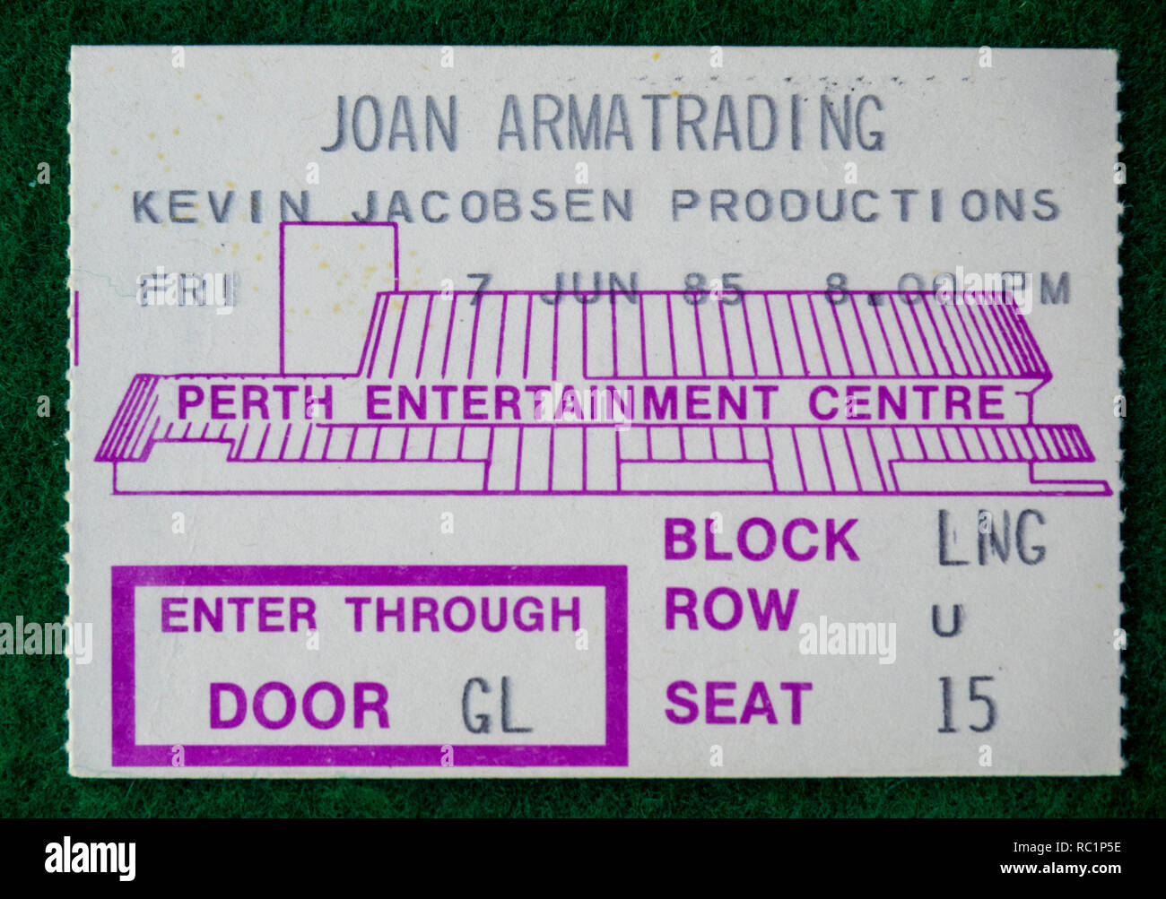 Ticket for Joan Armatrading concert at Perth Entertainment Centre in 1985 WA Australia. Stock Photo