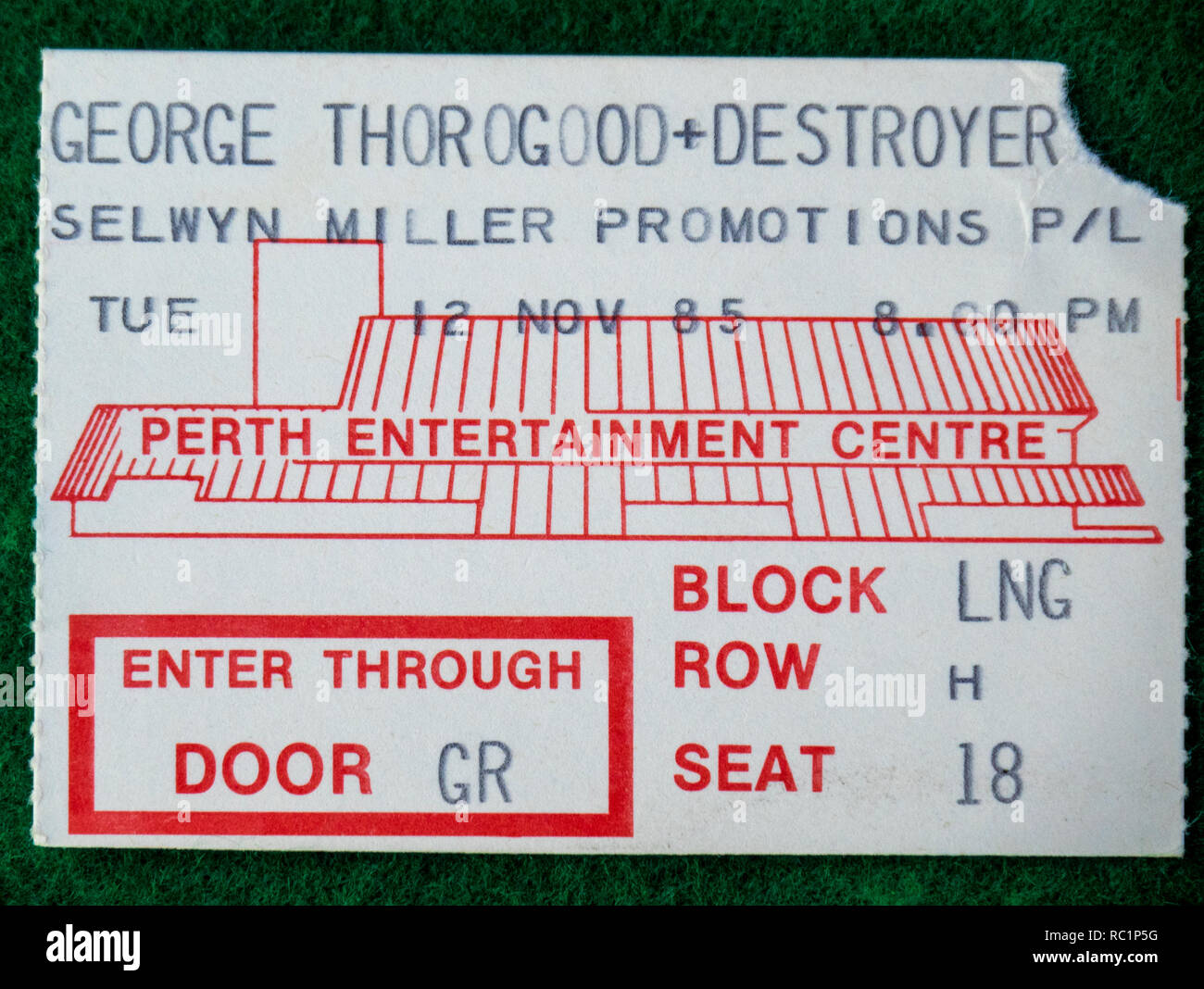 Ticket for George Thorogood and the Destroyers concert at Perth Entertainment Centre in 1985 WA Australia. Stock Photo