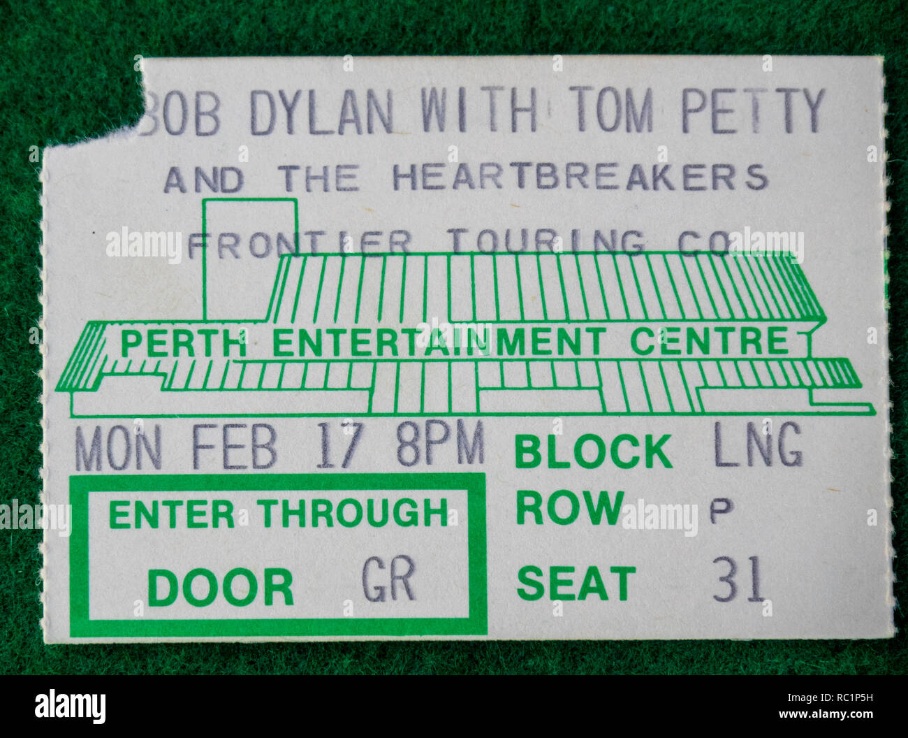 Ticket for Bob Dylan and Tom Petty And The Heartbreakers concert at Perth Entertainment Centre in 1983 WA Australia. Stock Photo