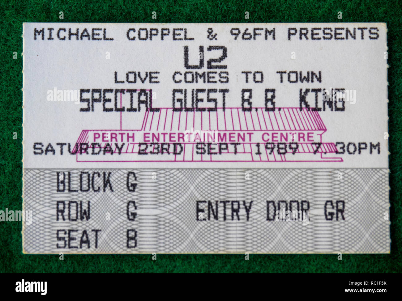 Ticket for U2 Love Comes to Town Tour with BB King concert at Perth Entertainment Centre in 1989 WA Australia. Stock Photo
