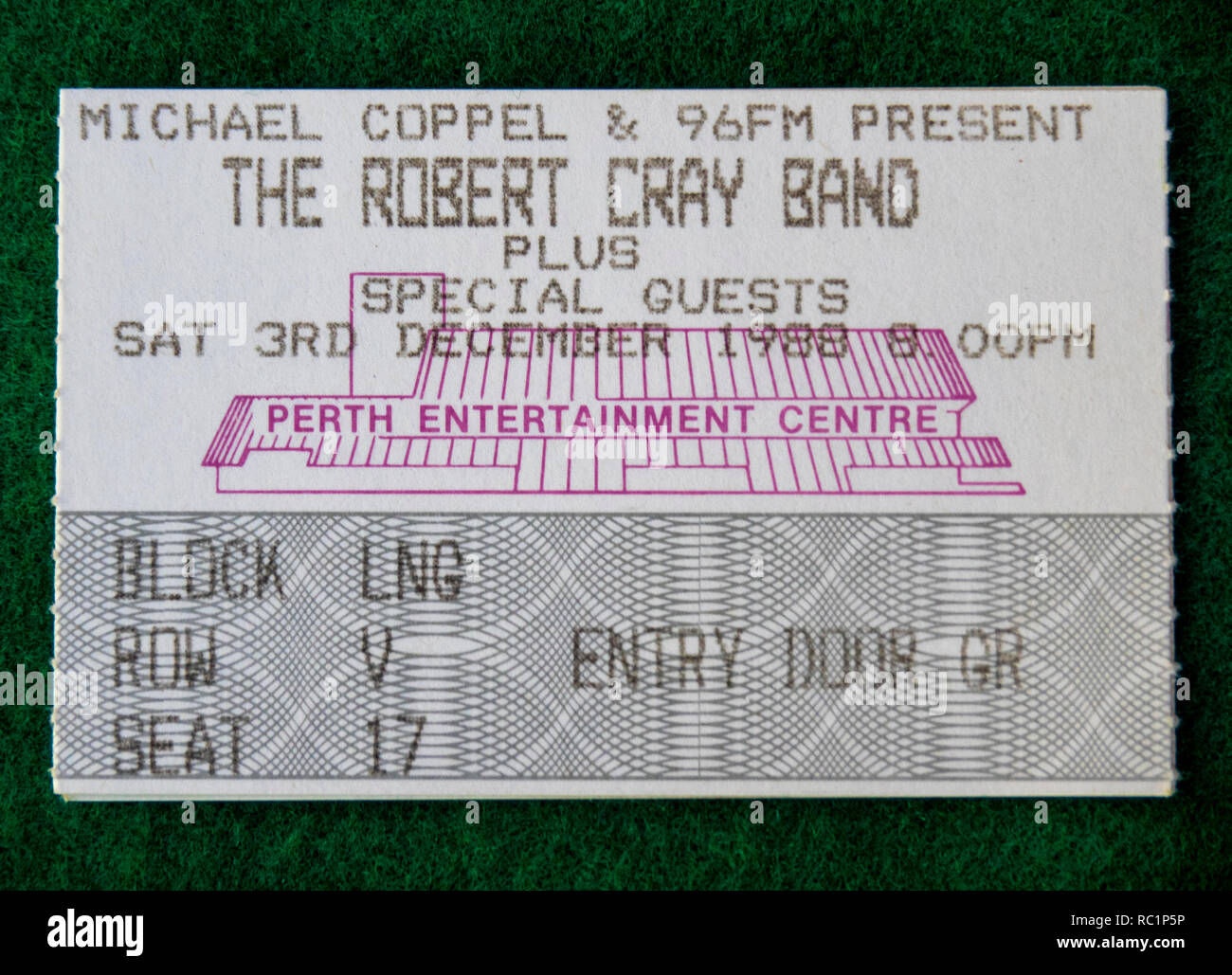 Ticket for Robert Cray Band concert at Perth Entertainment Centre in 1988 WA Australia. Stock Photo