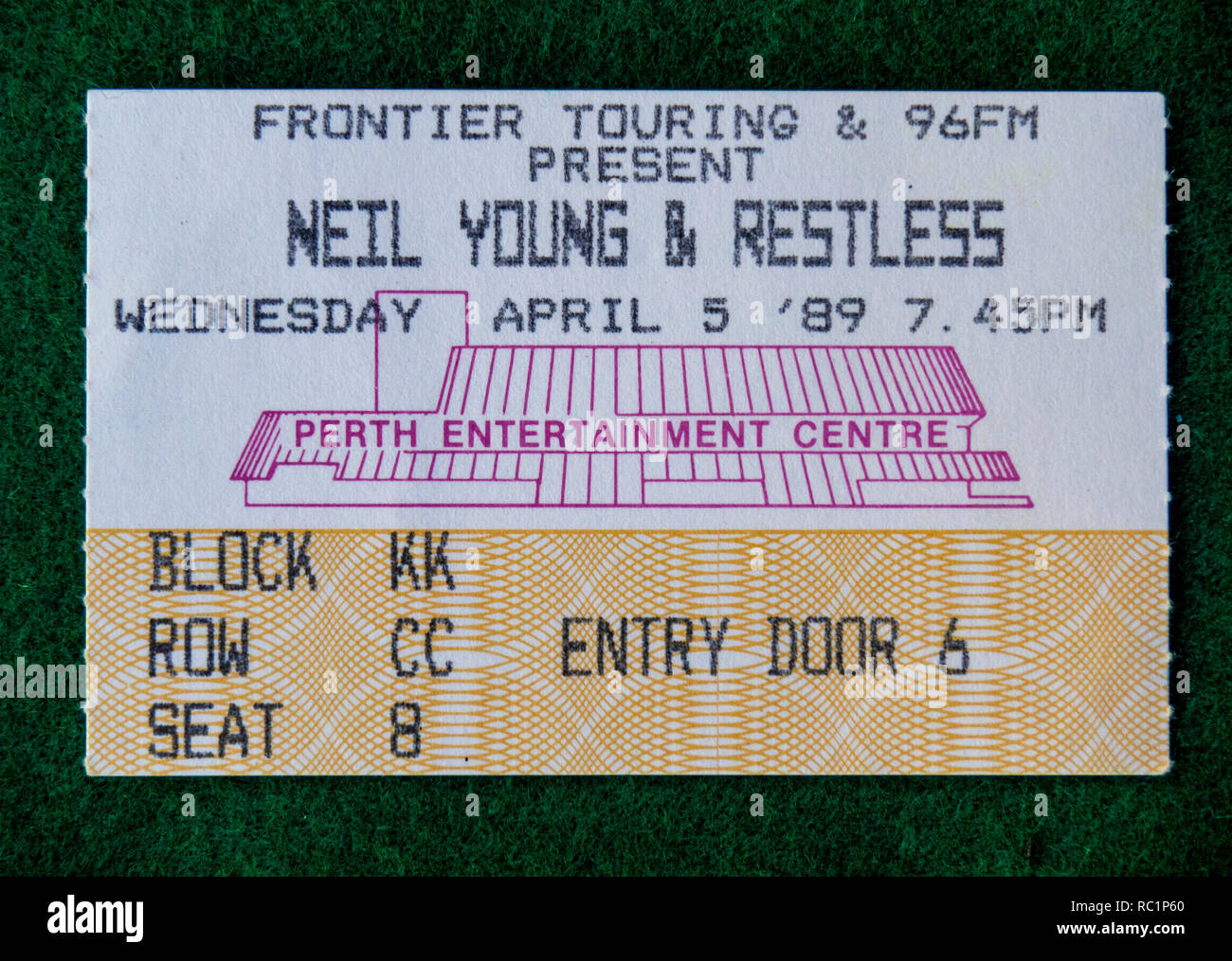 Ticket for Neil Young concert at Perth Entertainment Centre in 1989 WA Australia. Stock Photo