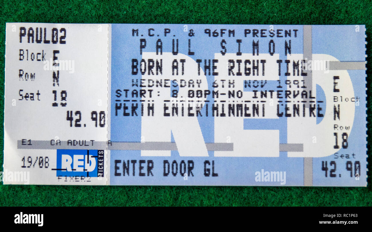 Ticket for Paul Simon concert at Perth Entertainment Centre in 1991 WA Australia. Stock Photo
