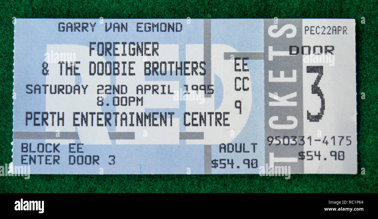 Ticket for Foreigner and The Doobie Brothers concert at Perth Entertainment Centre in 1995 WA Australia. Stock Photo