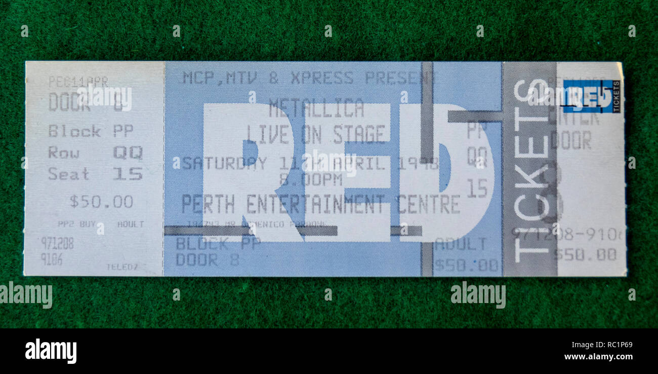 Ticket for Metallica concert at Perth Entertainment Centre in 1998 WA Australia. Stock Photo