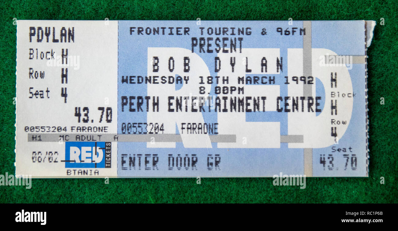 Ticket for Bob Dylan concert at Perth Entertainment Centre in 1992 WA Australia. Stock Photo