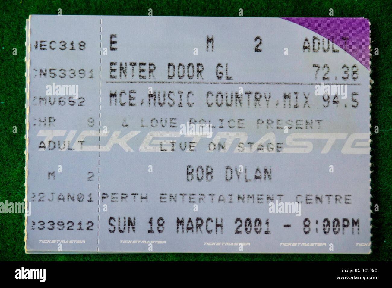 Ticket for Bob Dylan concert at Perth Entertainment Centre in 2001 WA Australia. Stock Photo