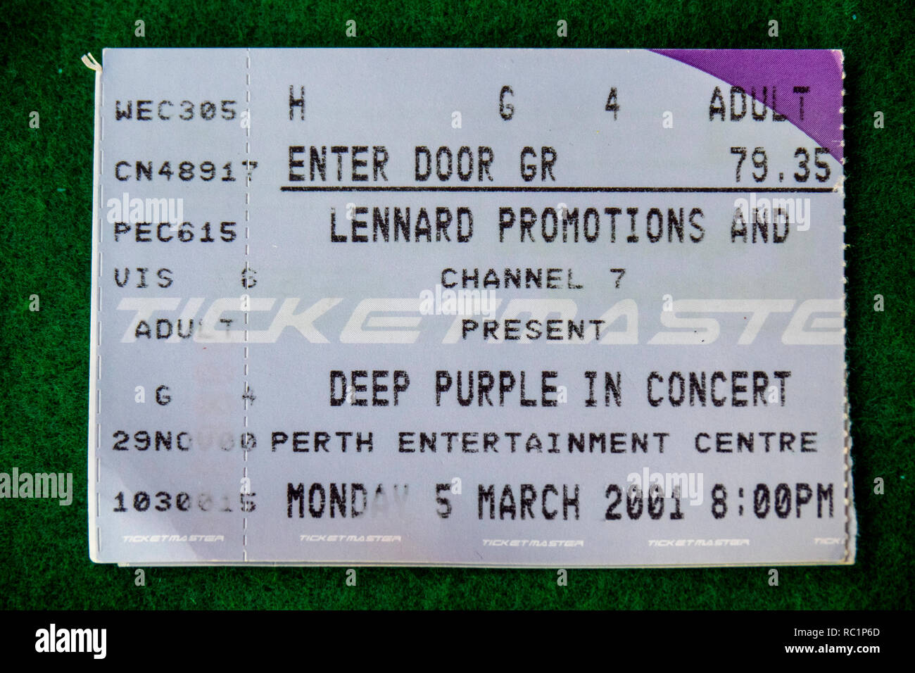 Ticket for Deep Purple concert at Perth Entertainment Centre in 2001 WA Australia. Stock Photo