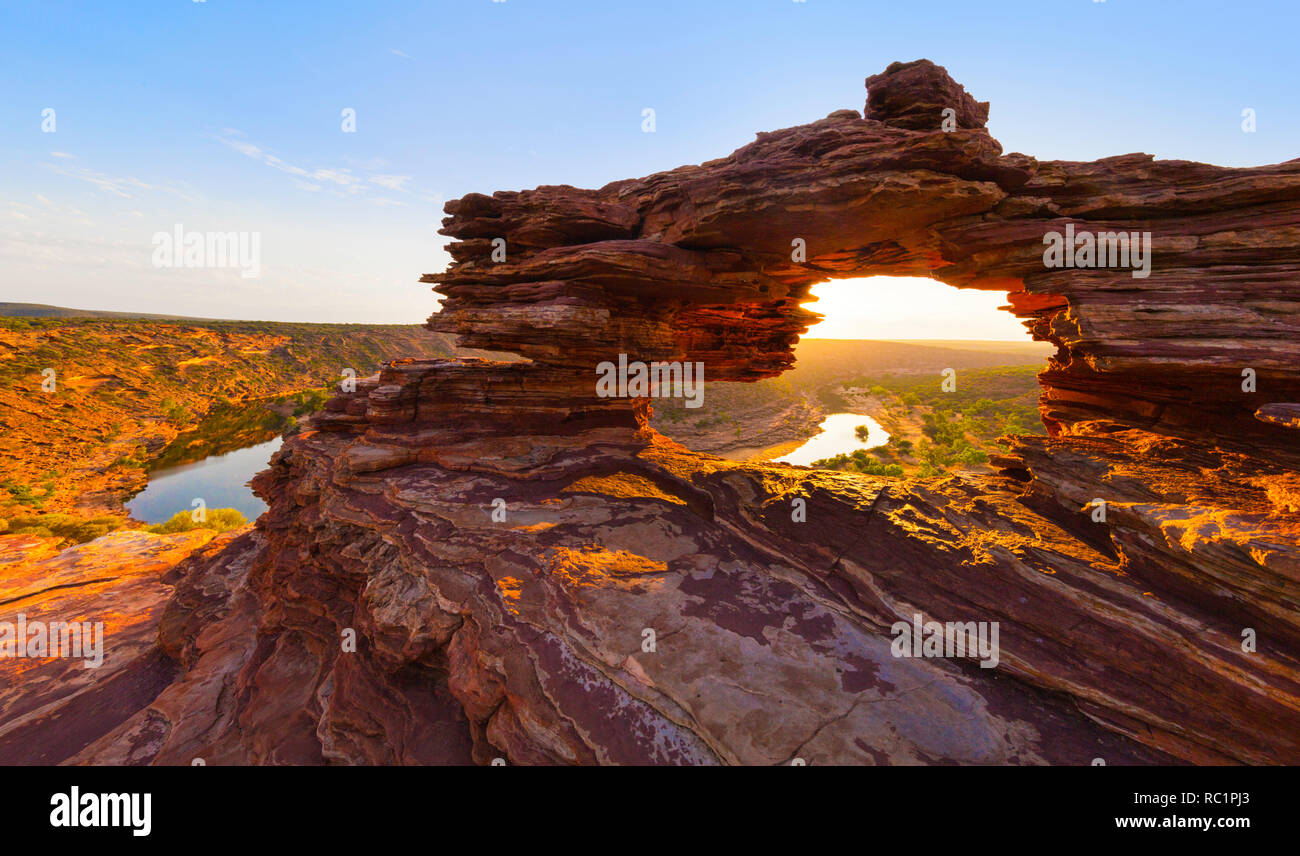 Kalbarri, Australia. A view of Nature's Window lookout and the Murchison River at sunrise in Kalbarri National Park, Western Australia Stock Photo