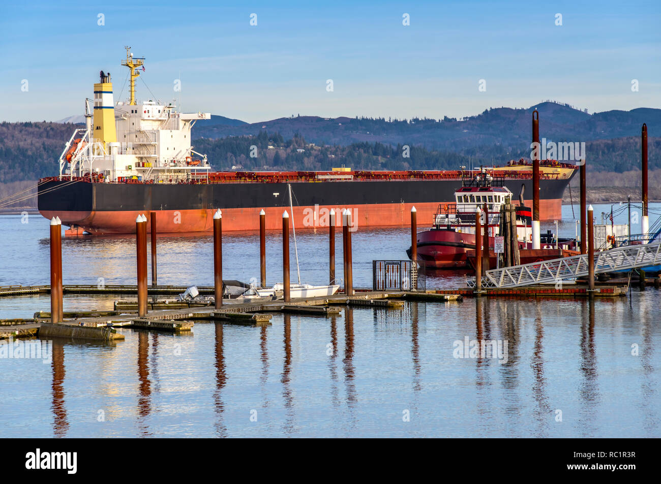 Large tanker moored in Rainier Oregon state. Stock Photo
