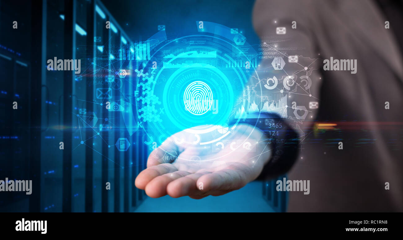 Man holding hologram projection displaying biometric security concept  Stock Photo