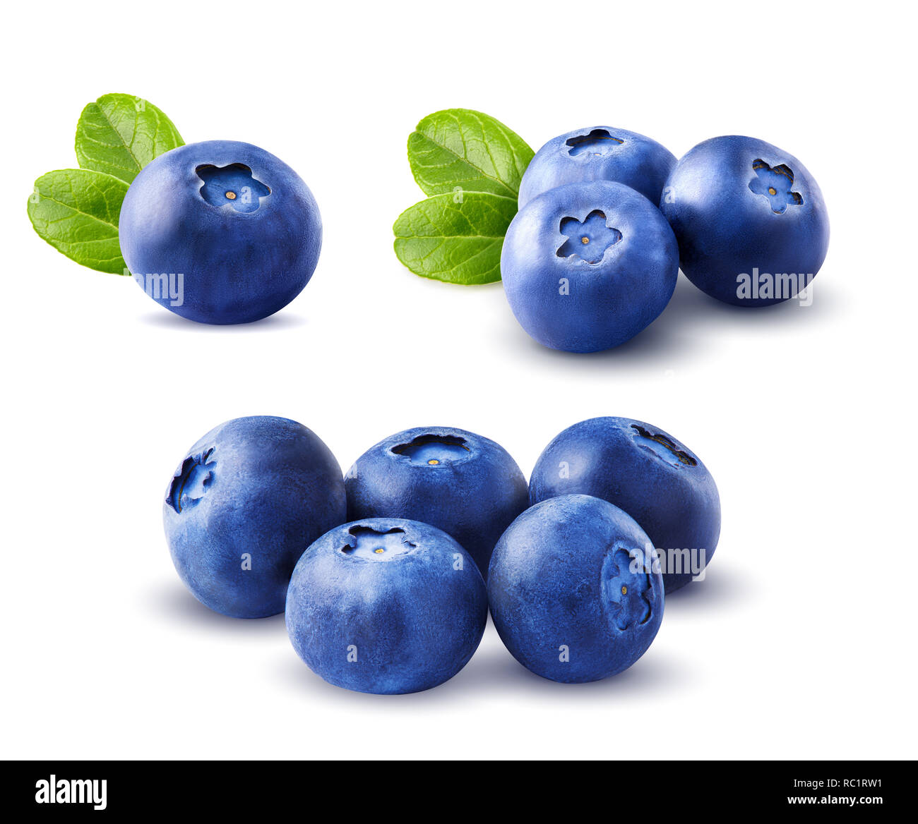 Blueberries set with leaves isolated on white background. Stock Photo