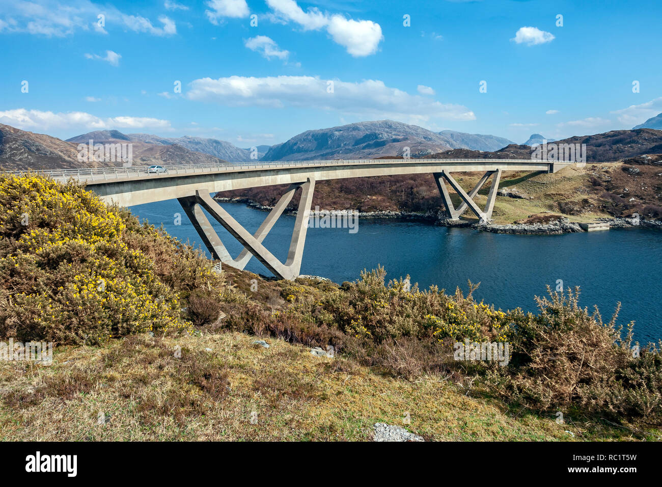 Kylesku Bridge on A894 North Coast 500 at Kylesku Highland Scotland replacing old ferry and providing A894 with unbroken link to Durness Stock Photo