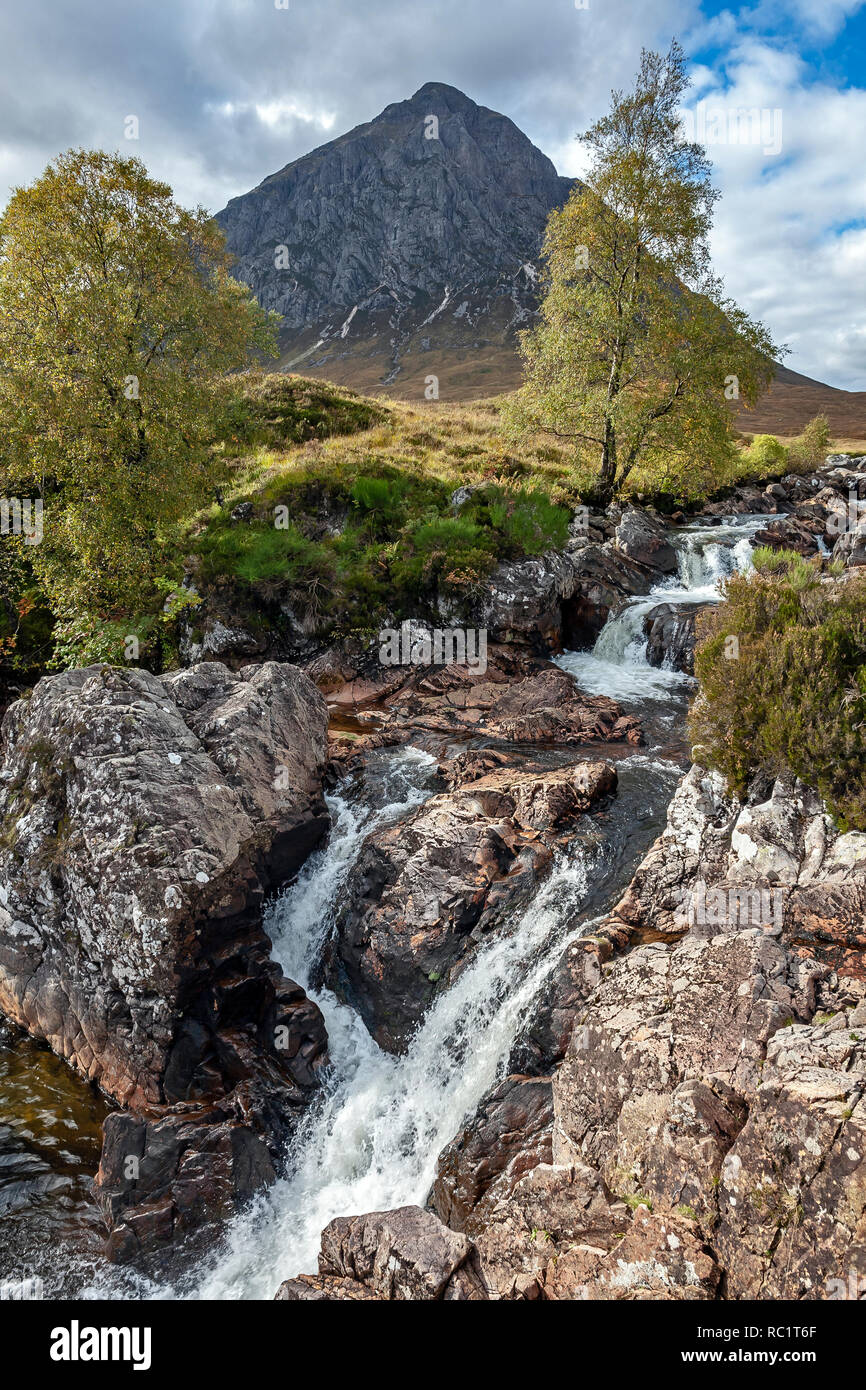 Etive Mor Waterfall at River Coupall where upper Glen Etive meets Glen Coe with famous mountain