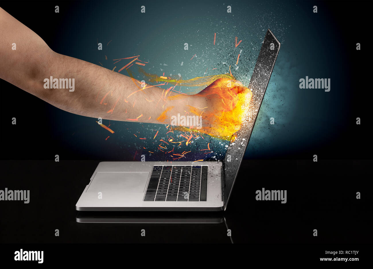 Arm hitting strongly laptop screen which breaks in little pieces Stock ...