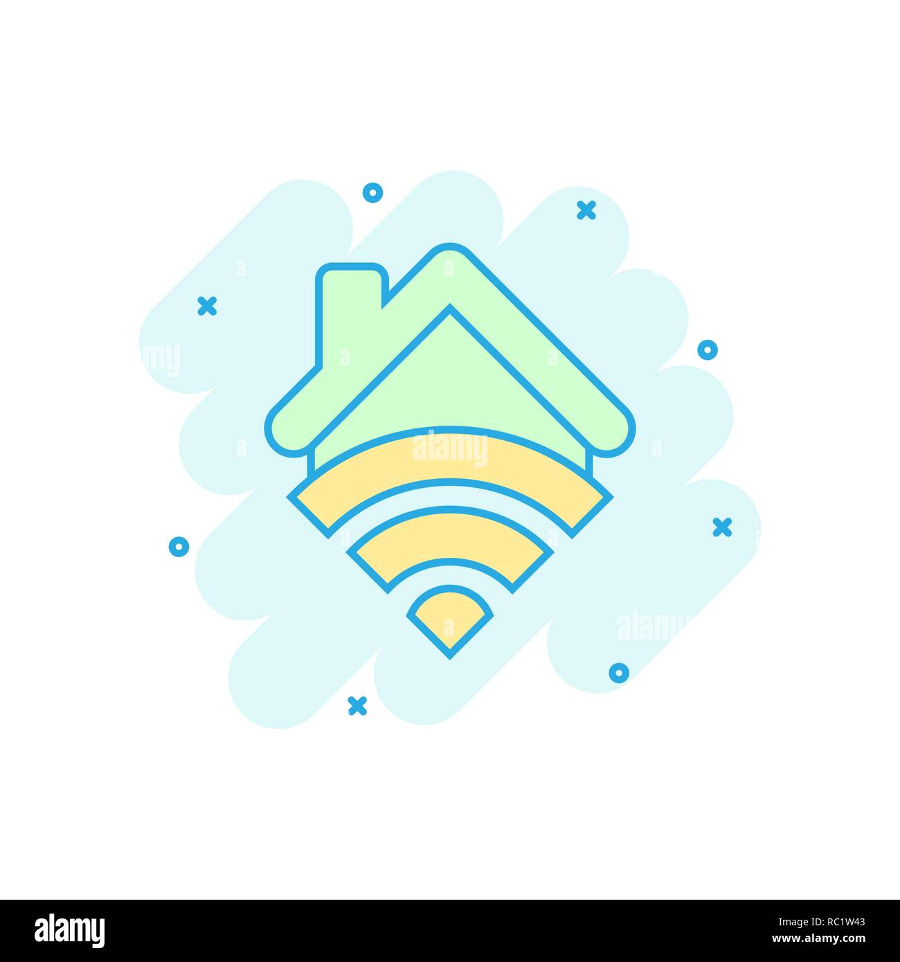 Smart home icon in comic style. House control vector cartoon illustration pictogram. Smart home business concept splash effect. Stock Vector