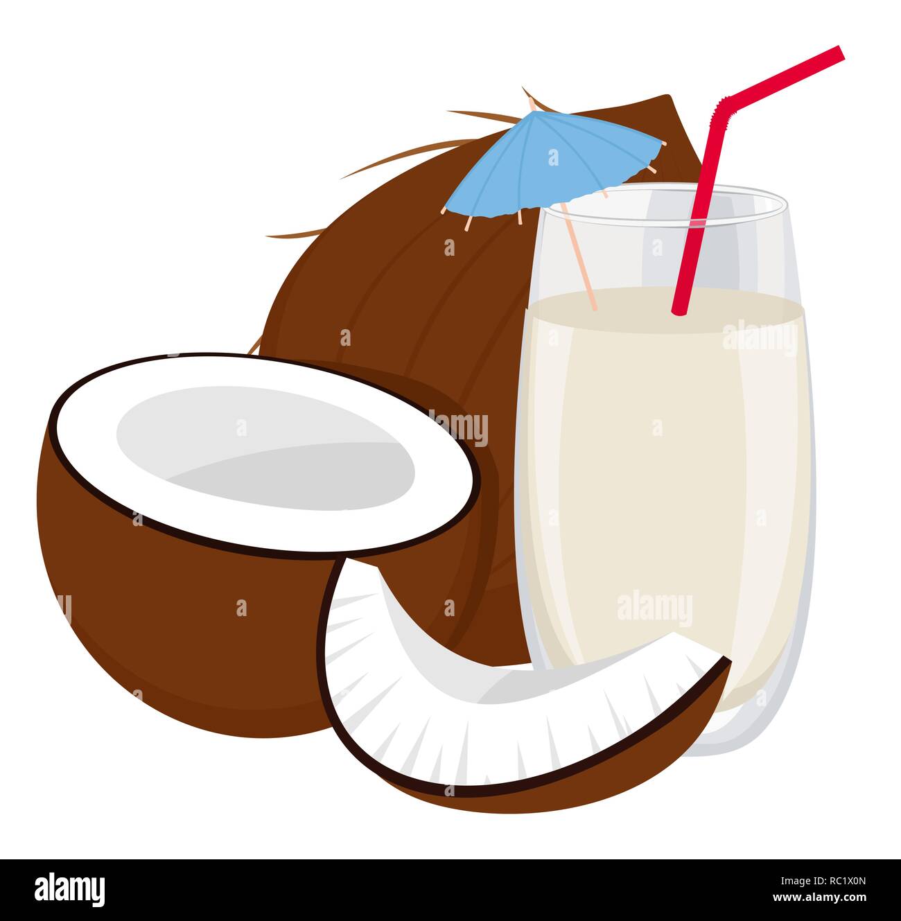 Coconut and a glass of coconut milk. Vector illustration on white