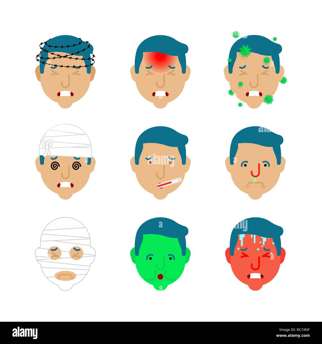 Headache set. Pain Bandaged head. Concussion and cold. High fever and