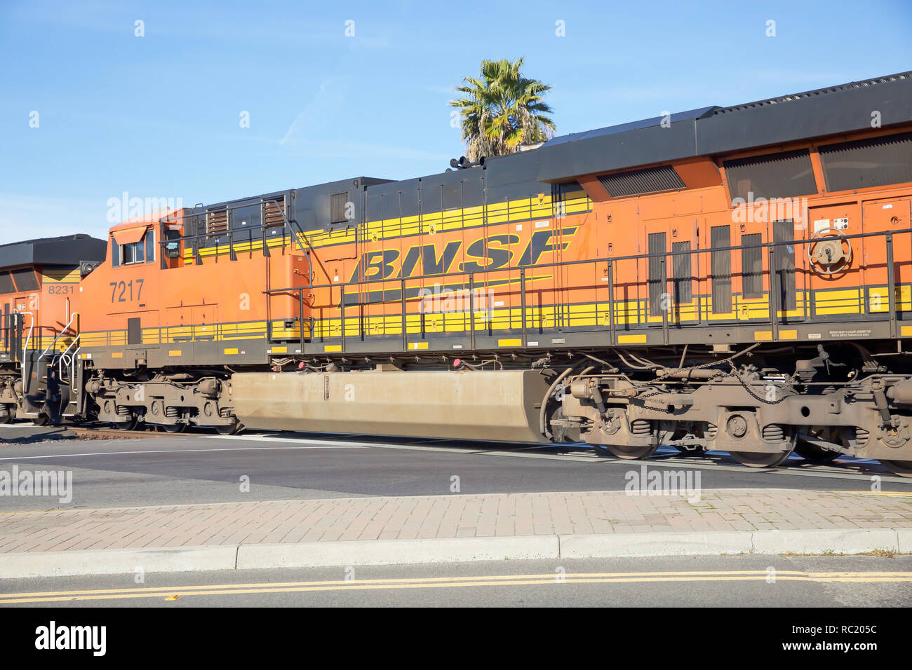 BNSF train crossing a railway crossing in Castro Valley. The BNSF