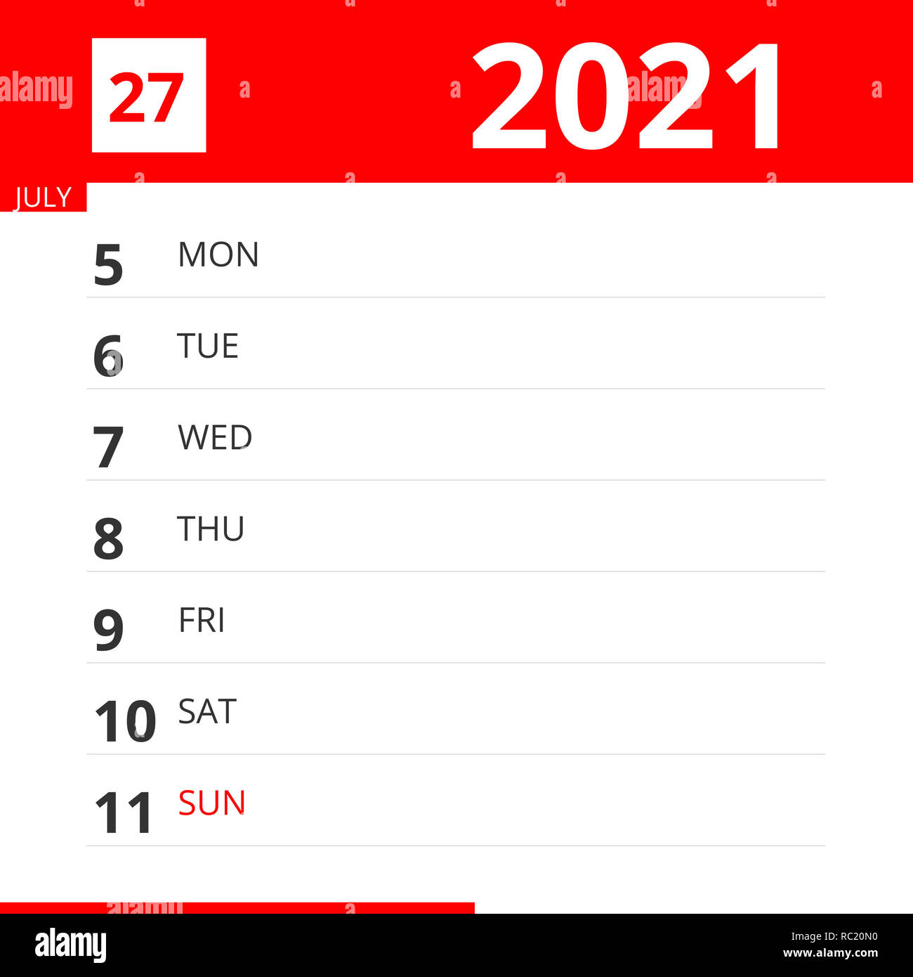 Calendar Planner For Week 27 In 2021 Ends July 11 2021 Stock Photo Alamy july 11 2021 calendar