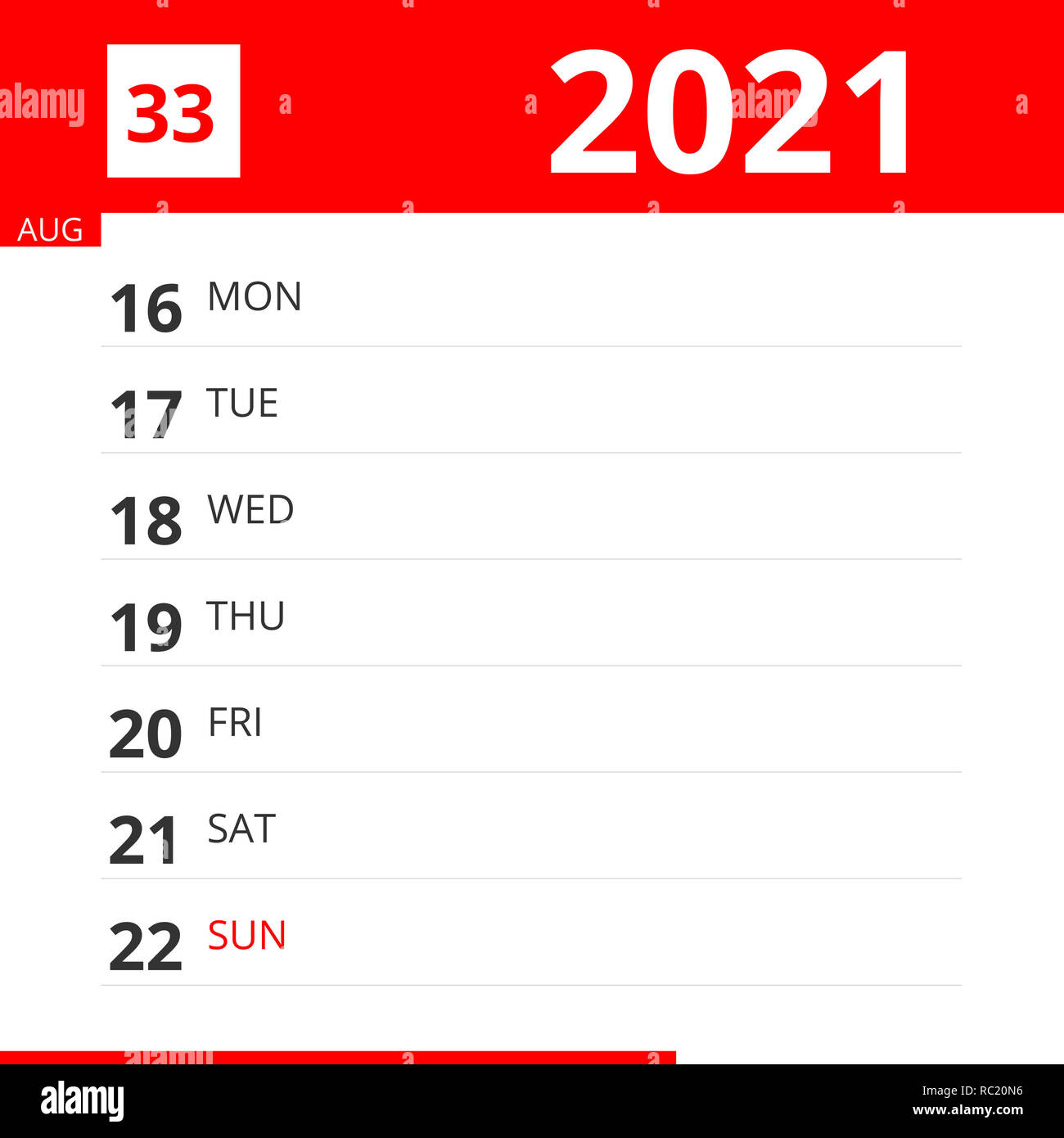 Calendar planner for Week 33 in 2021, ends August 22, 2021 Stock Photo - Alamy