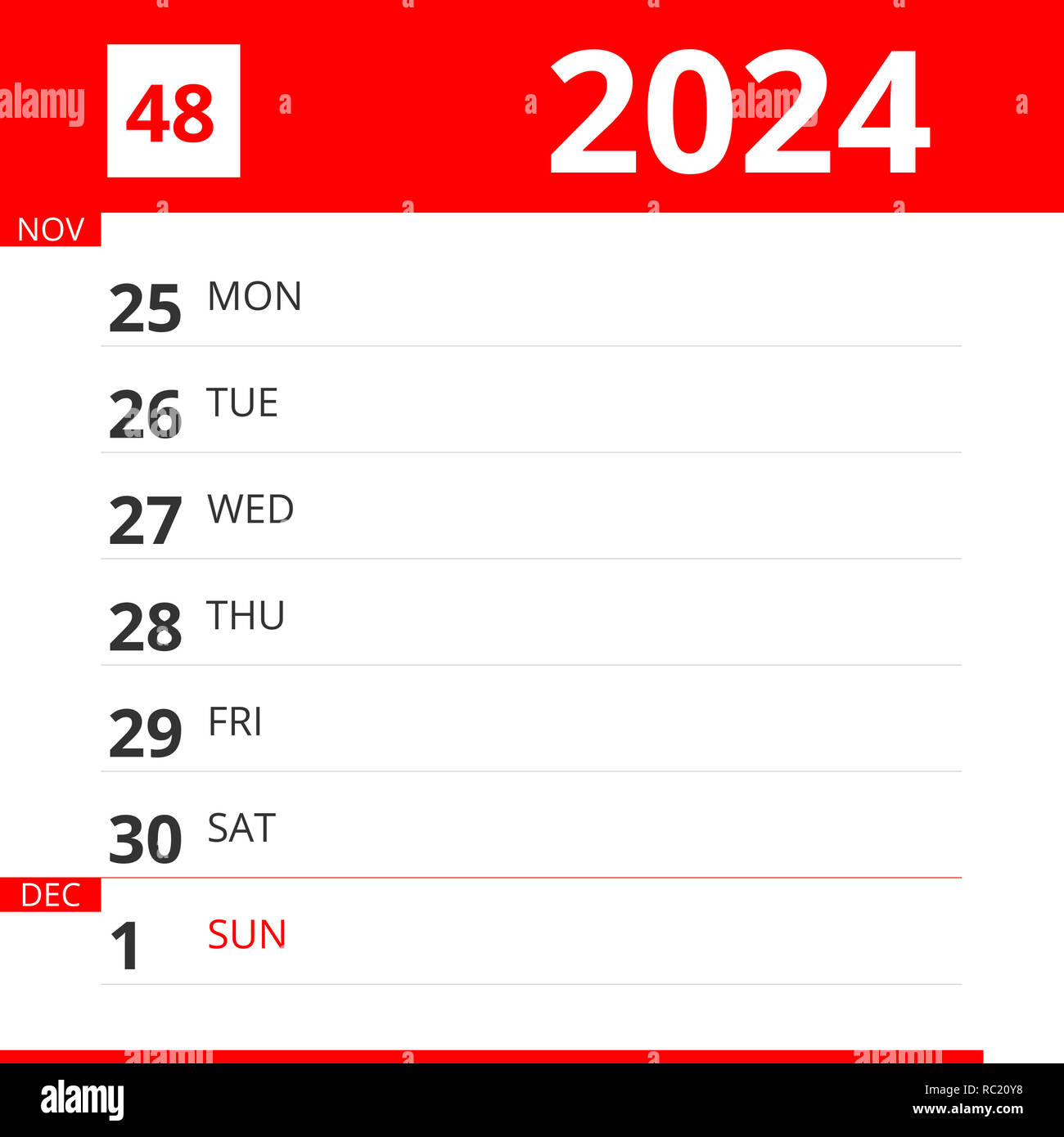 Calendar planner for Week 48 in 2025, ends December 1, 2025 Stock Photo