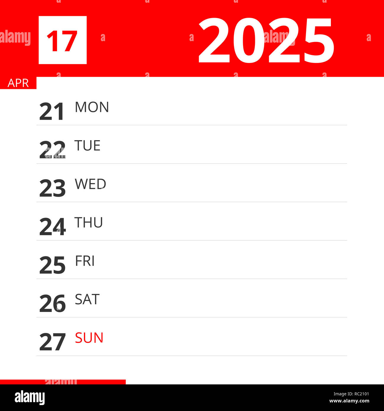 Calendar planner for Week 17 in 2025, ends April 27, 2025 Stock Photo