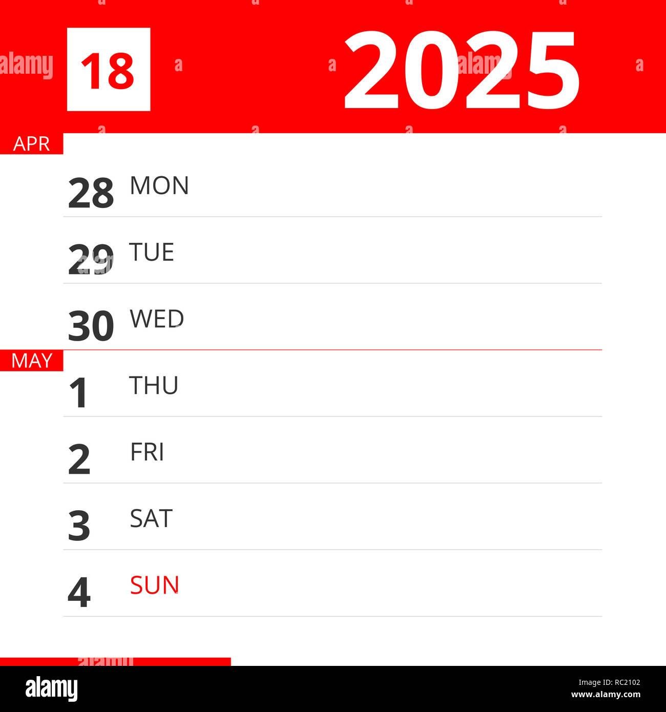 Calendar planner for Week 18 in 2025, ends May 4, 2025 Stock Photo Alamy