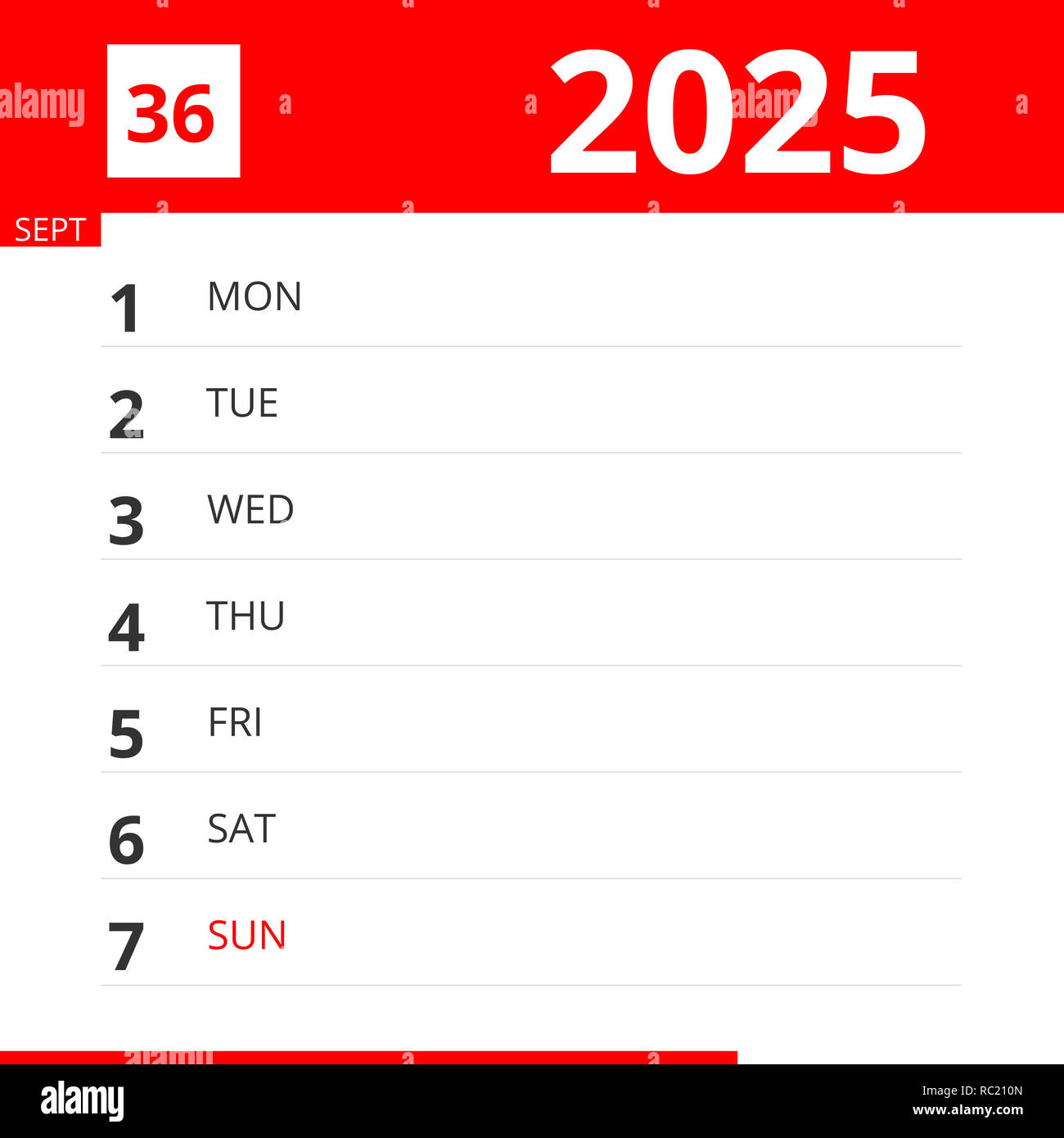 Calendar planner for Week 36 in 2025, ends September 7, 2025 Stock