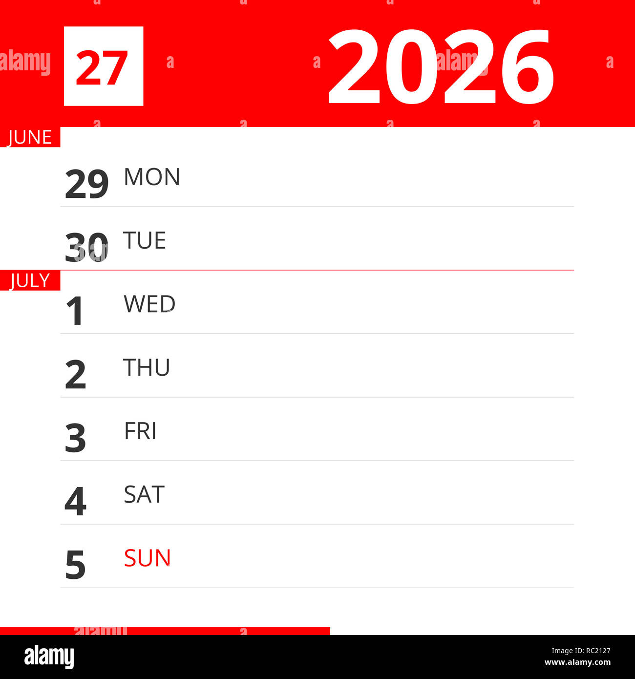 Calendar planner for Week 27 in 2026, ends July 5, 2026 Stock Photo - Alamy