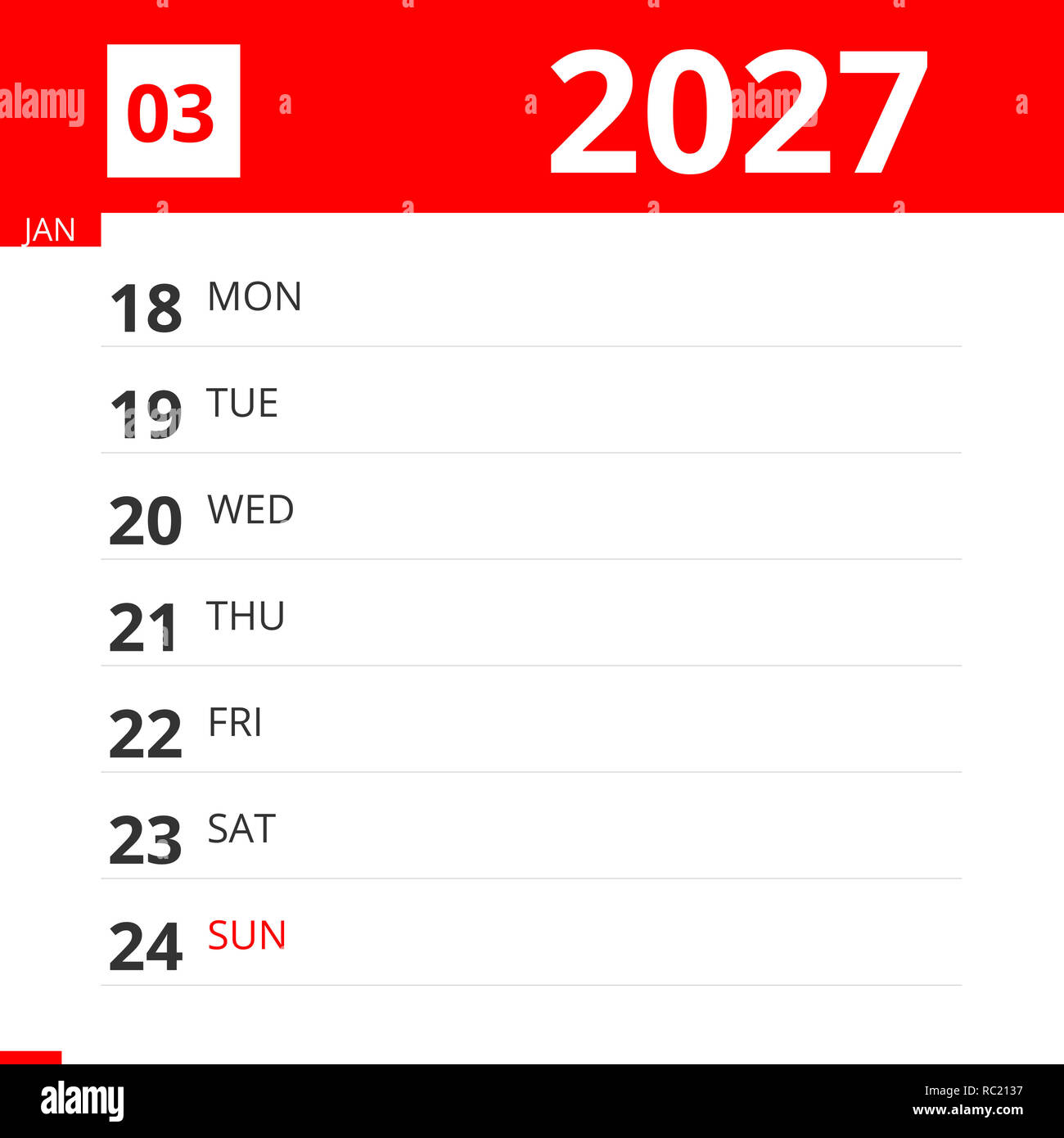 Calendar planner for Week 03 in 2027, ends January 24, 2027 Stock Photo -  Alamy