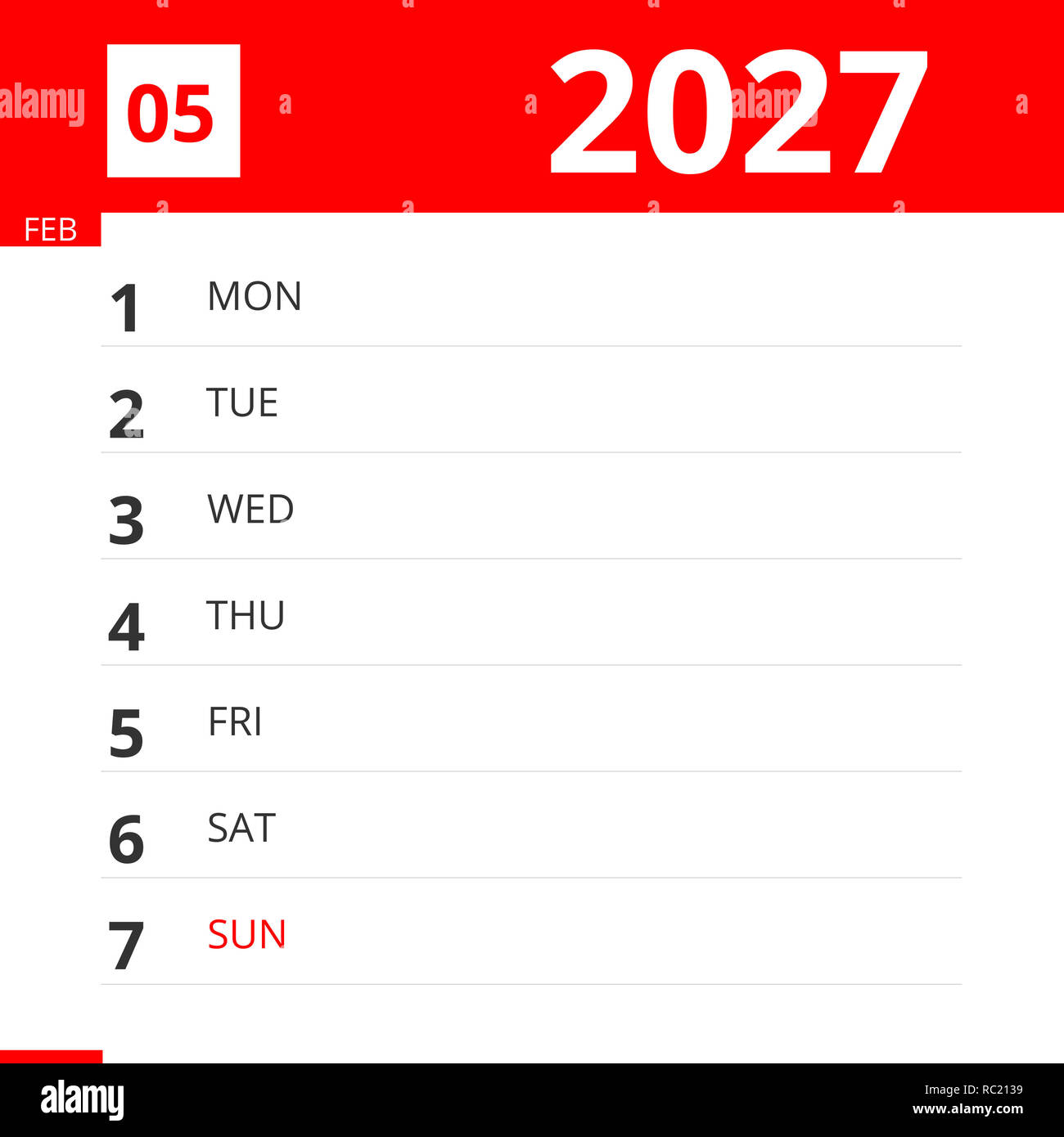 Calendar planner for Week 05 in 2035, ends February 4, 2035 Stock Photo -  Alamy