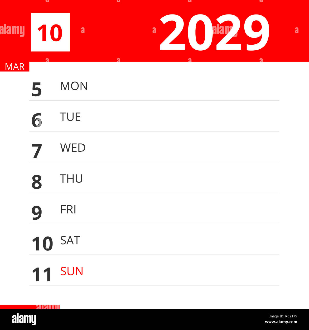 Calendar planner for Week 10 in 2029, ends March 11, 2029 Stock Photo -  Alamy