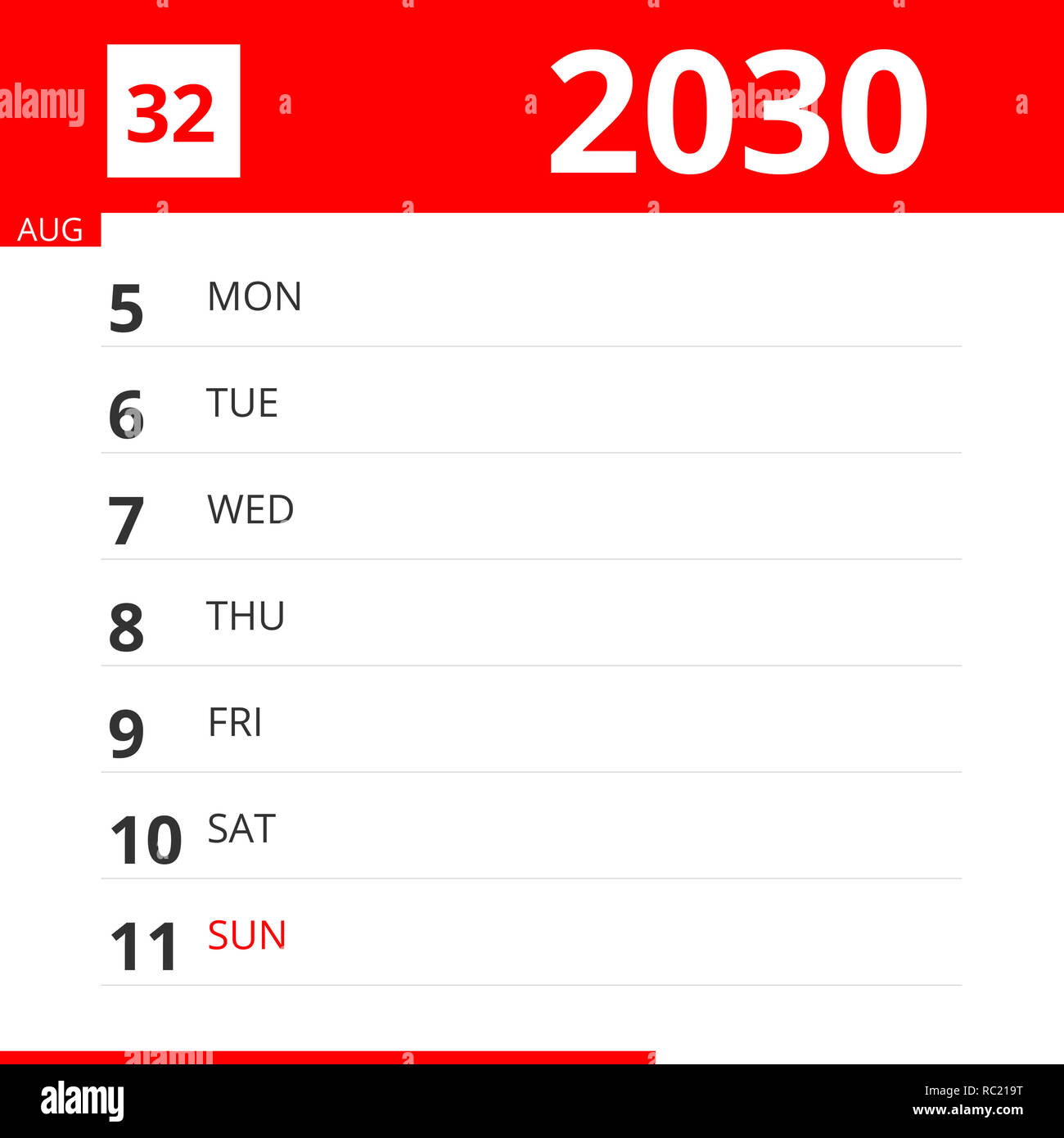 Calendar planner for Week 32 in 2030, ends August 11, 2030 Stock Photo - Alamy calendar-planner-for-week-32-in-2030-ends-august-11-2030-stock-photo-alamy