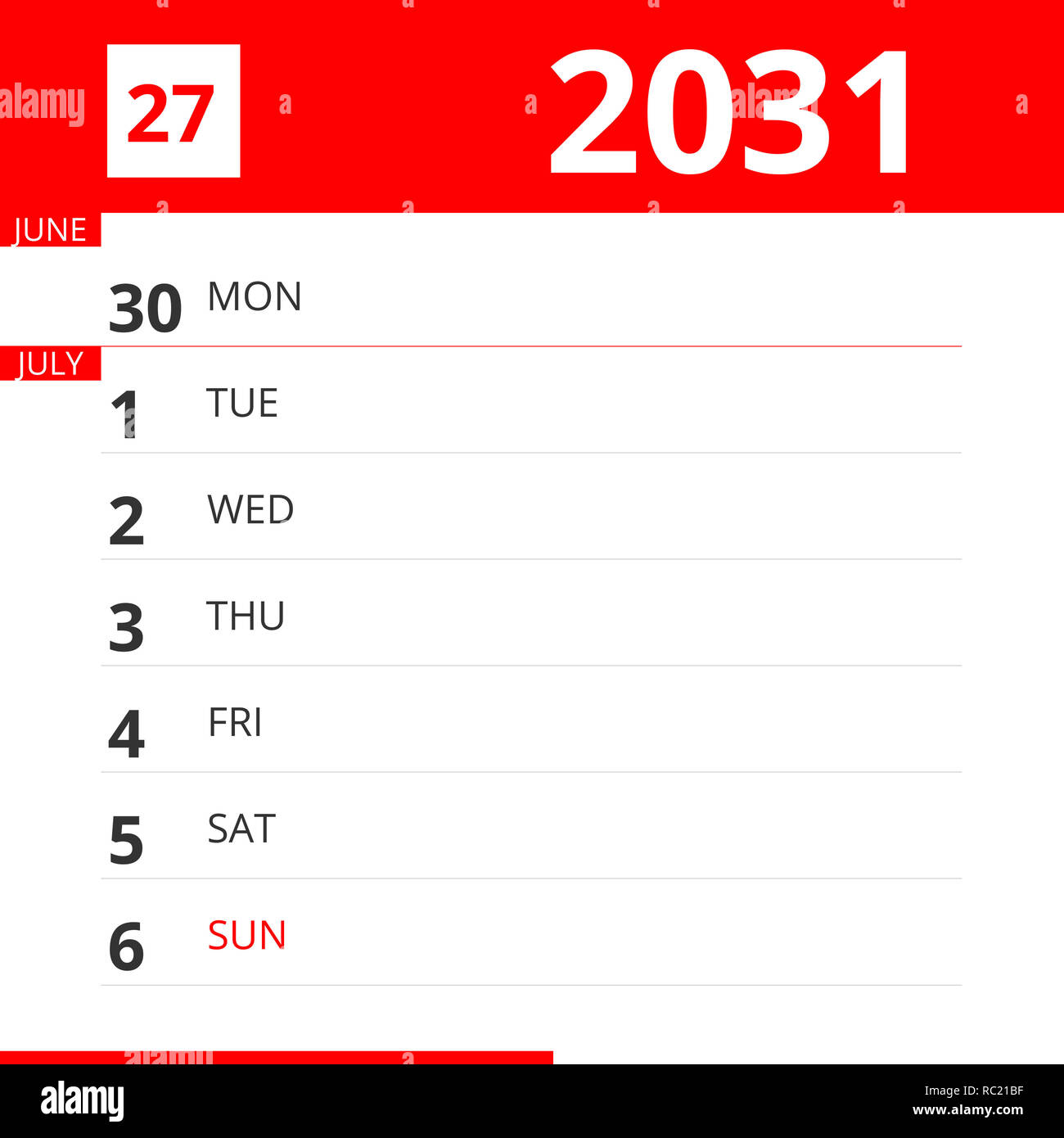 Calendar planner for Week 27 in 2031, ends July 6, 2031 . Stock Photo