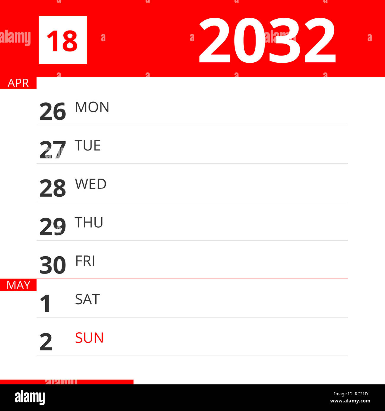 Calendar planner for Week 18 in 2026, ends May 3, 2026 Stock Photo - Alamy